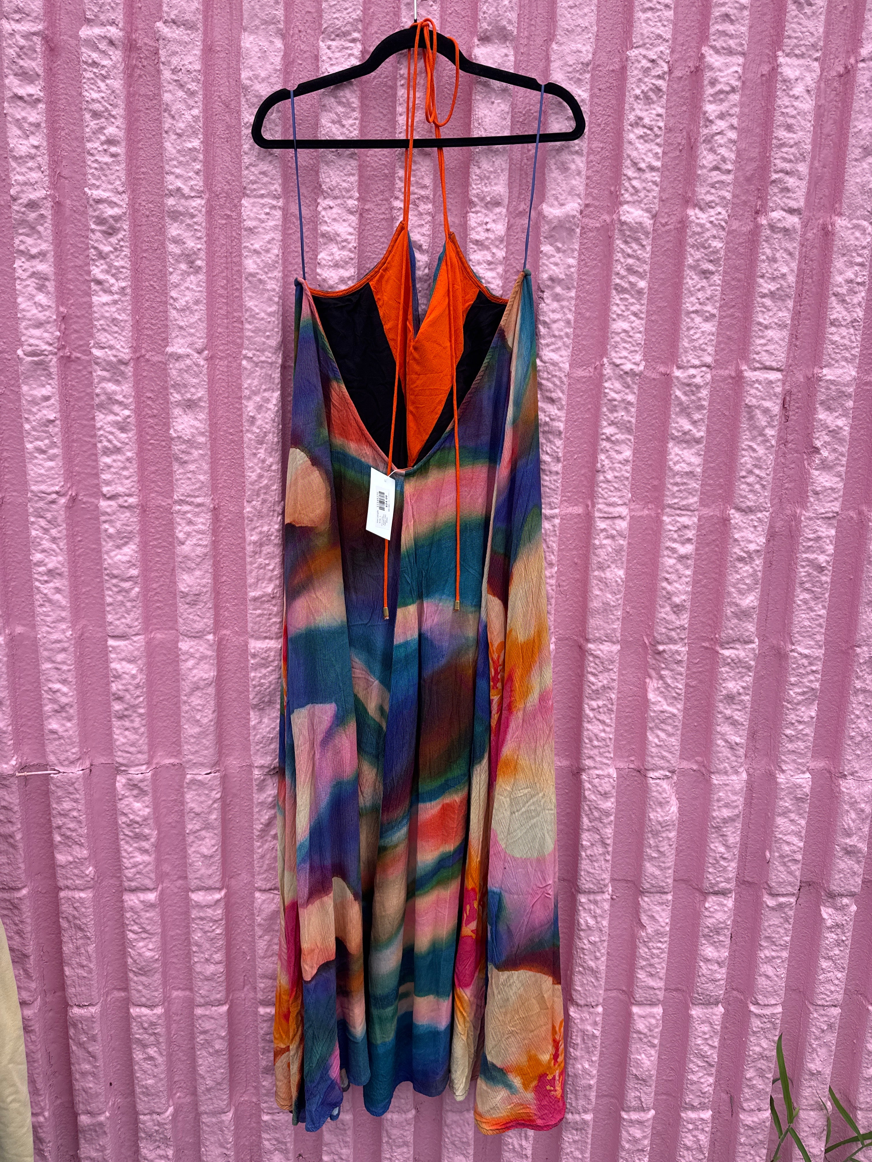 blue orange free people watercolor halter max dress, L