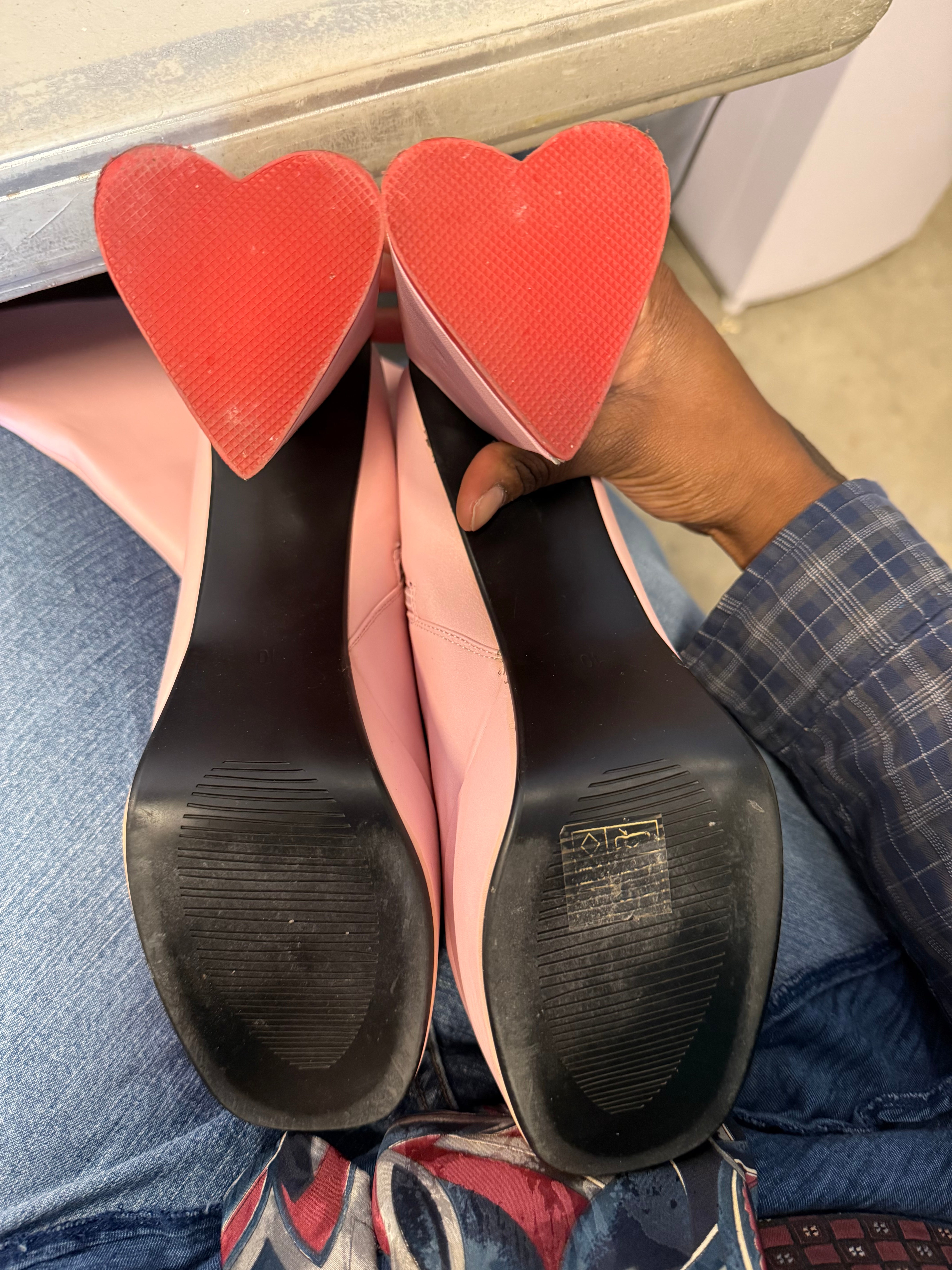 pink lamoda tall boots heart heel, 10 (fits like 9, very narrow calf!)