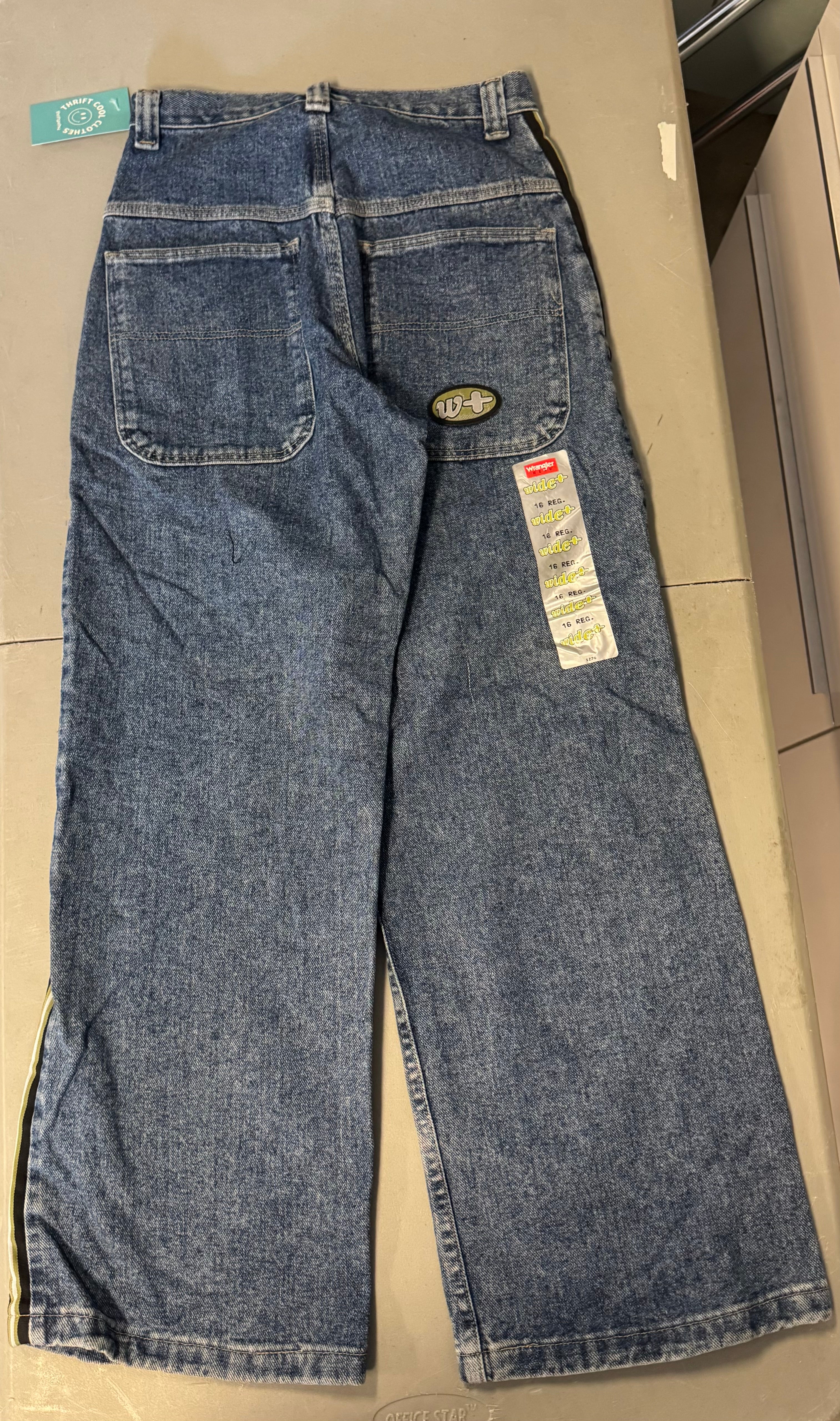 blue wrangler dead stock wide leg jeans, 16