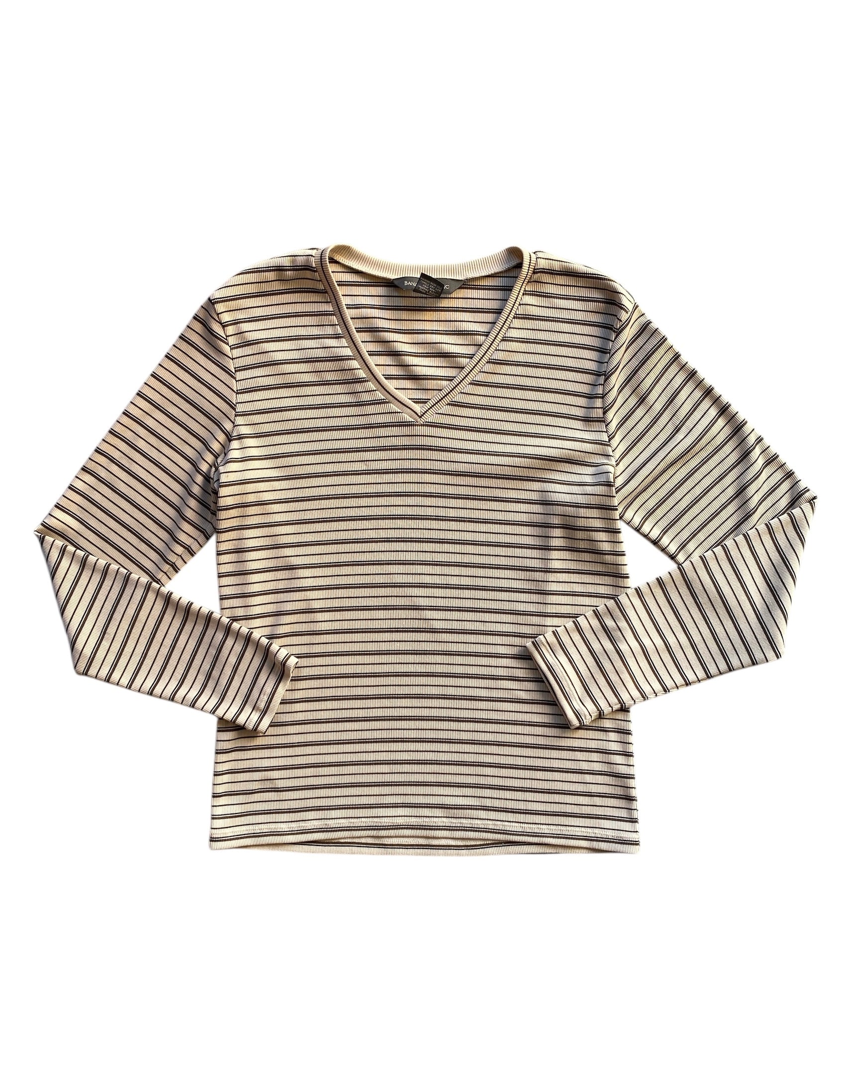 tan brown banana republic striped v neck ls, s