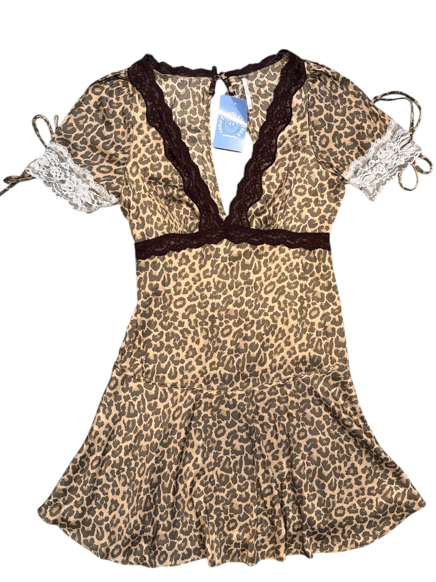 Brown Free people Satin animal print lace v neck aline dress, Xs