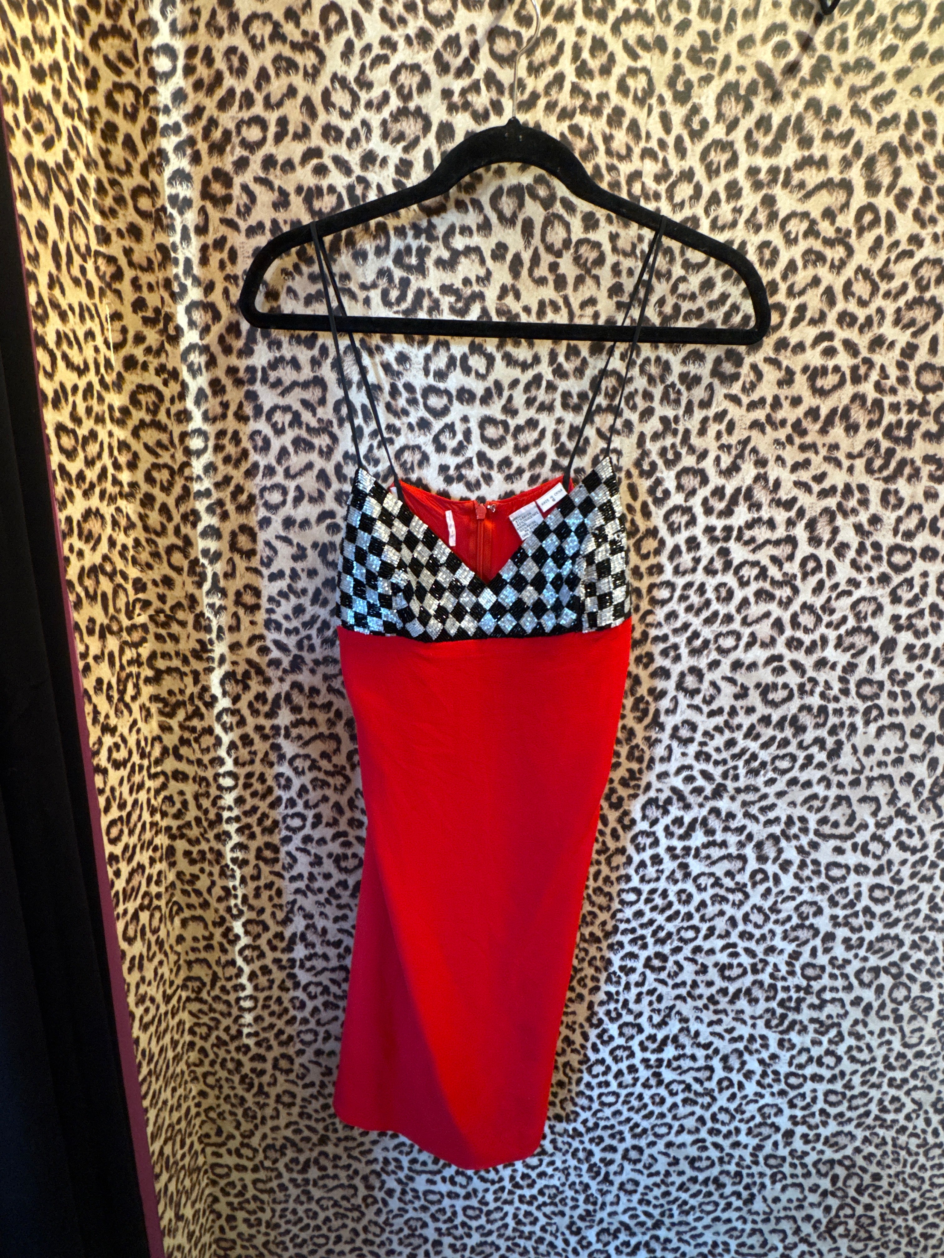 red black silver  beaded checkered cami mini dress, 6