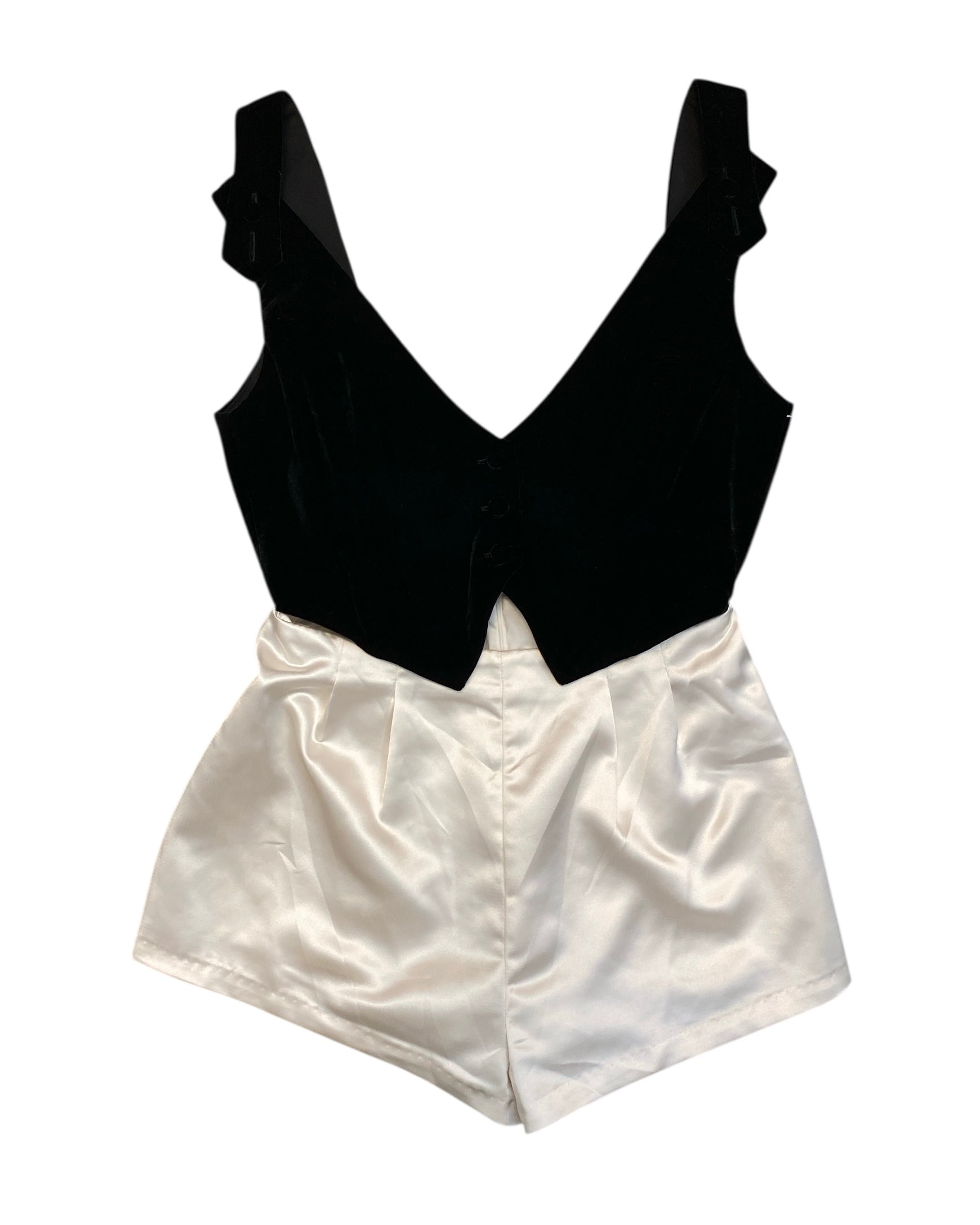 black white for love & lemons velour tank satin romper, s