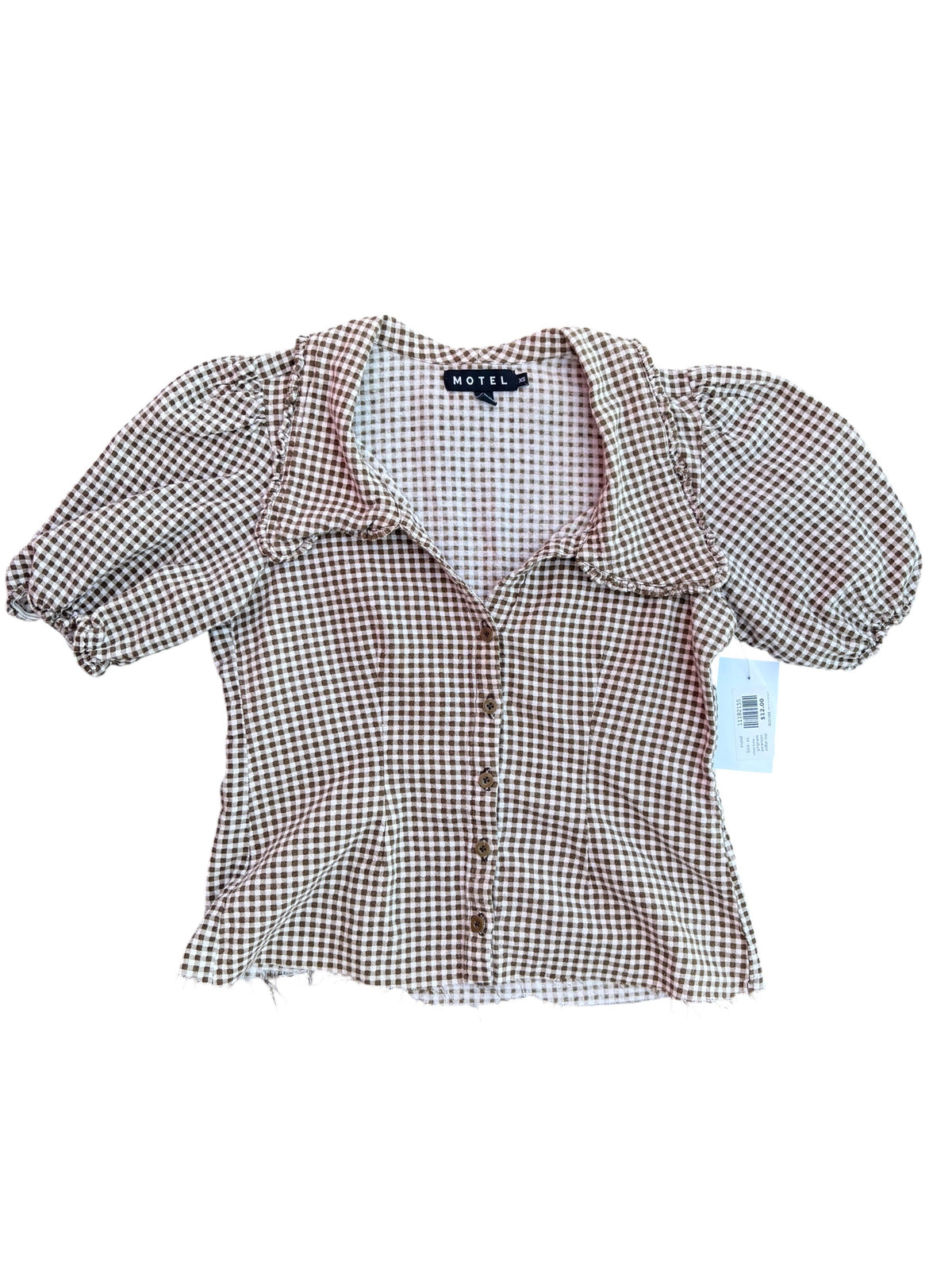 white brown motel gingham peterpan collar top, xs