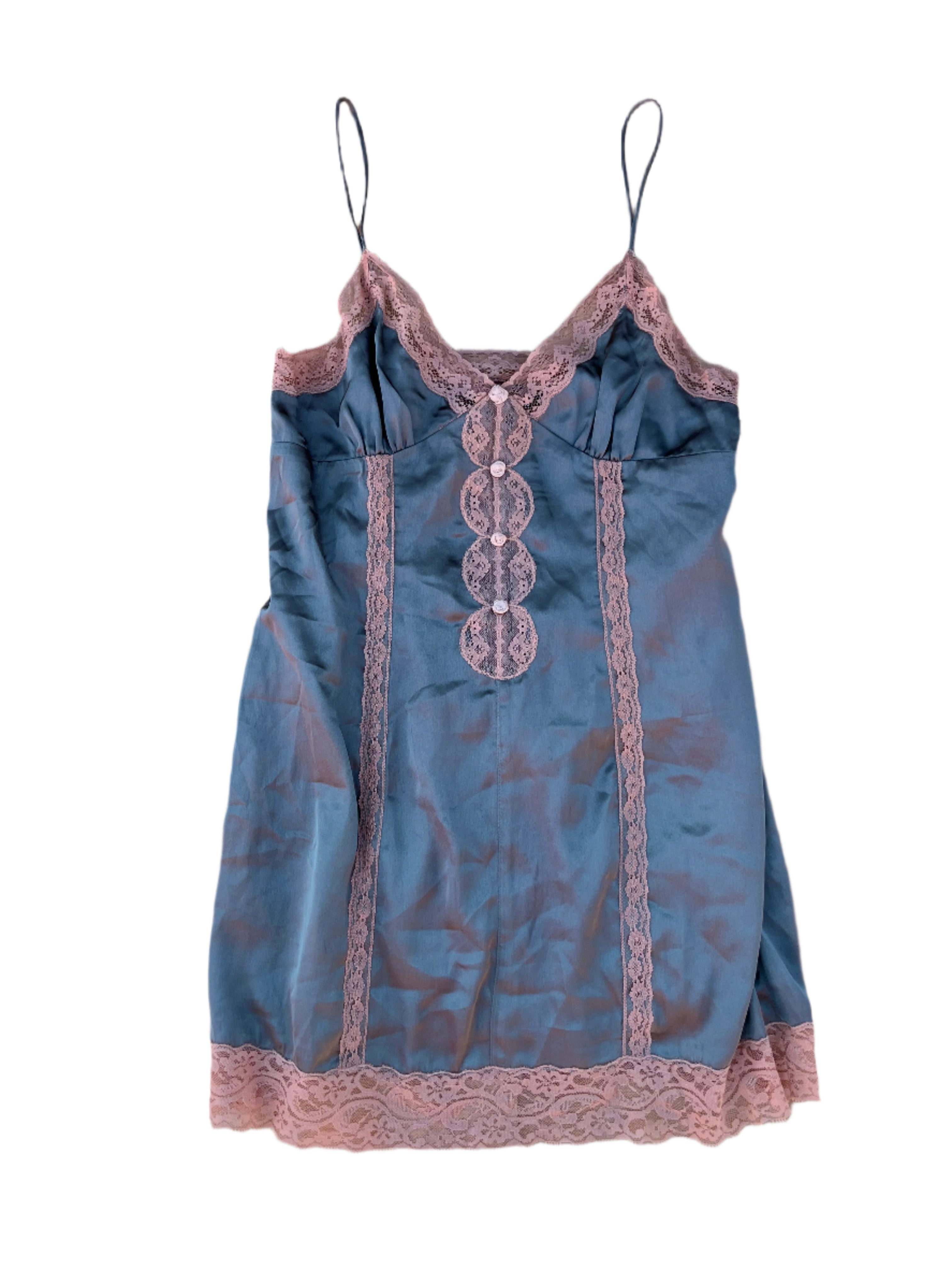 green pink urban outfitters slinky dress with lace trim, M
