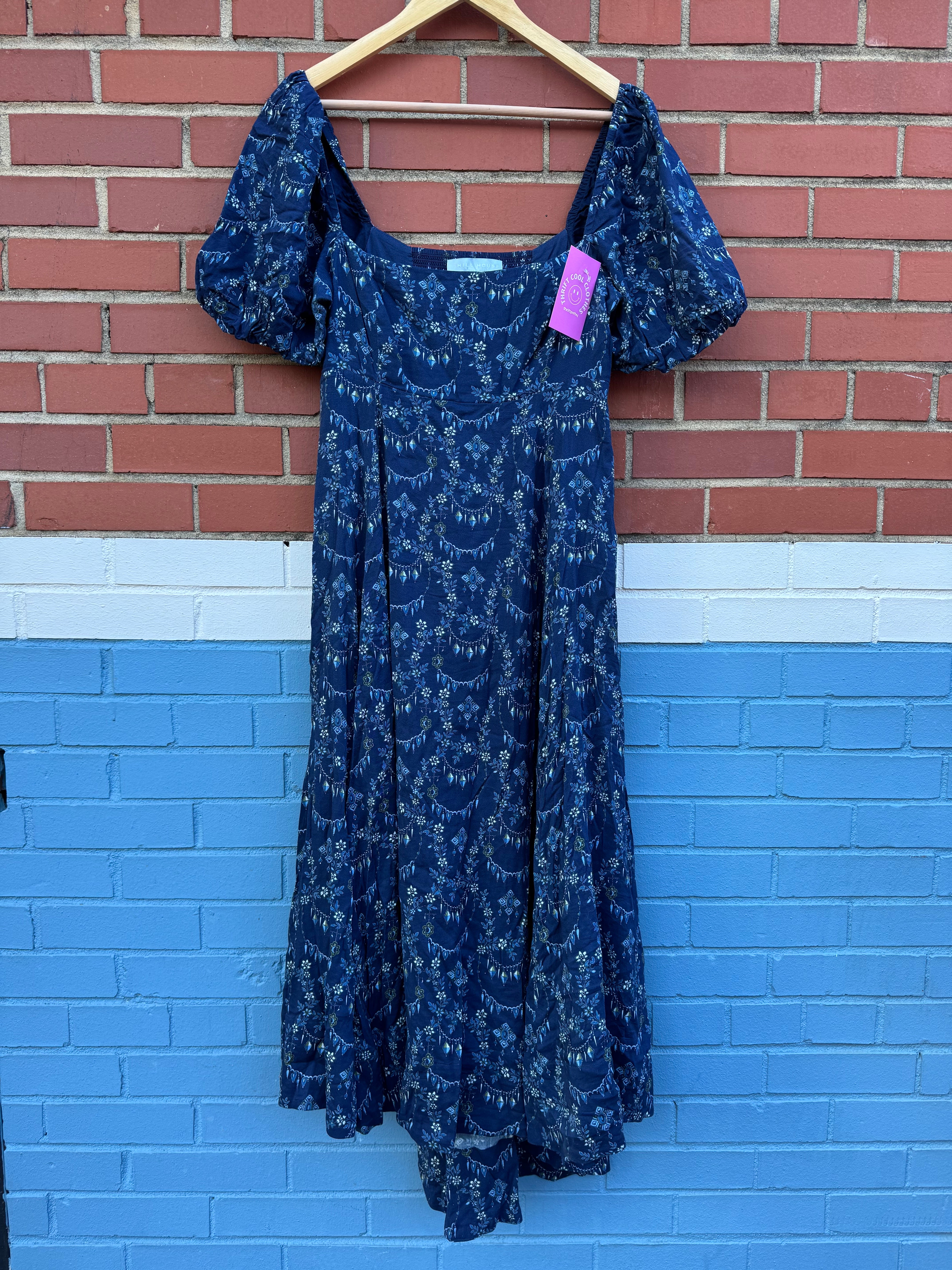 navy hill house patterned smocked dress, m