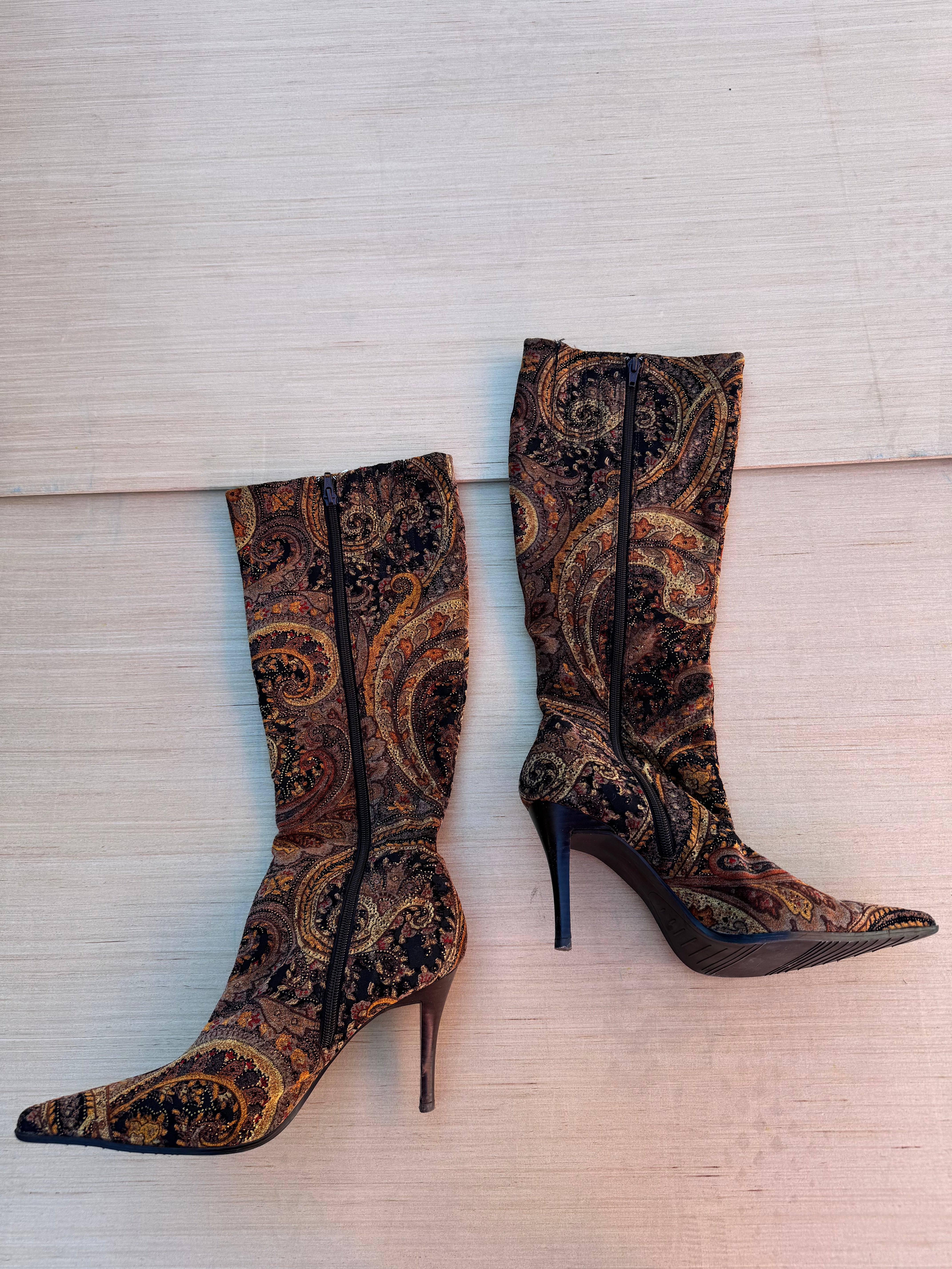 brown michael sexy y2k paisley heeled boots, 9.5