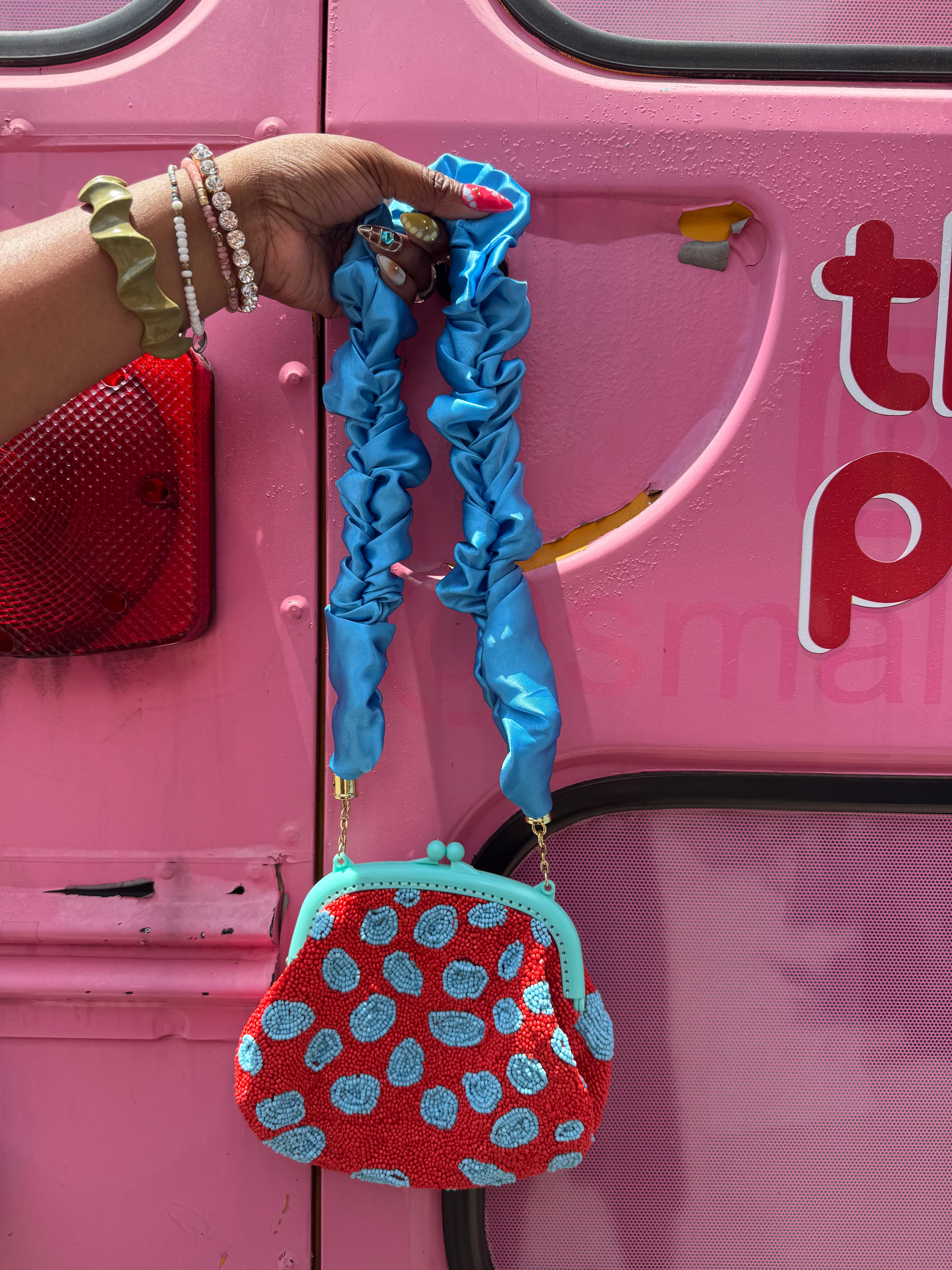 Red Blue Brunna Beaded dots mini bag