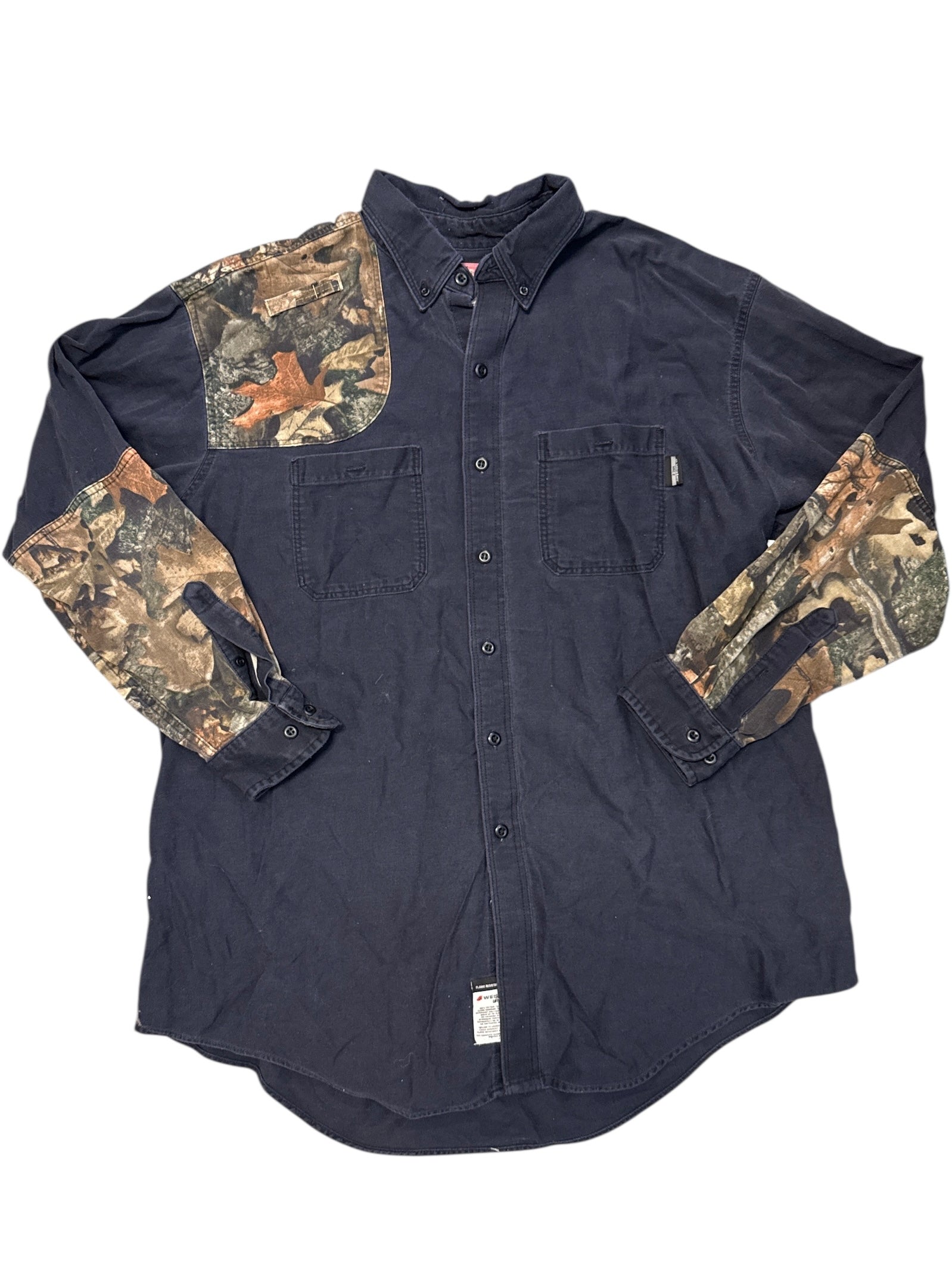 black green riverside camo patchwork button down, 2x