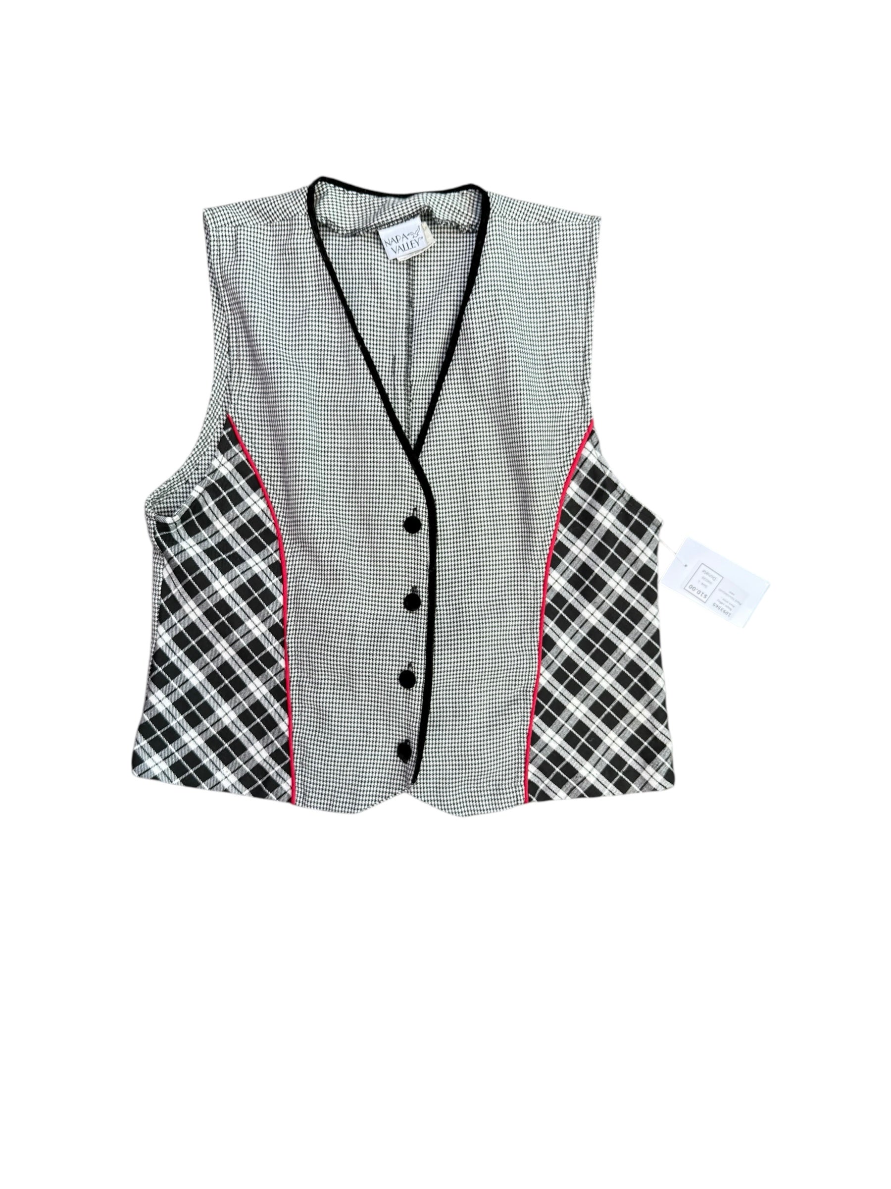Black white red Napa valley Plaid houndstooth vest, L