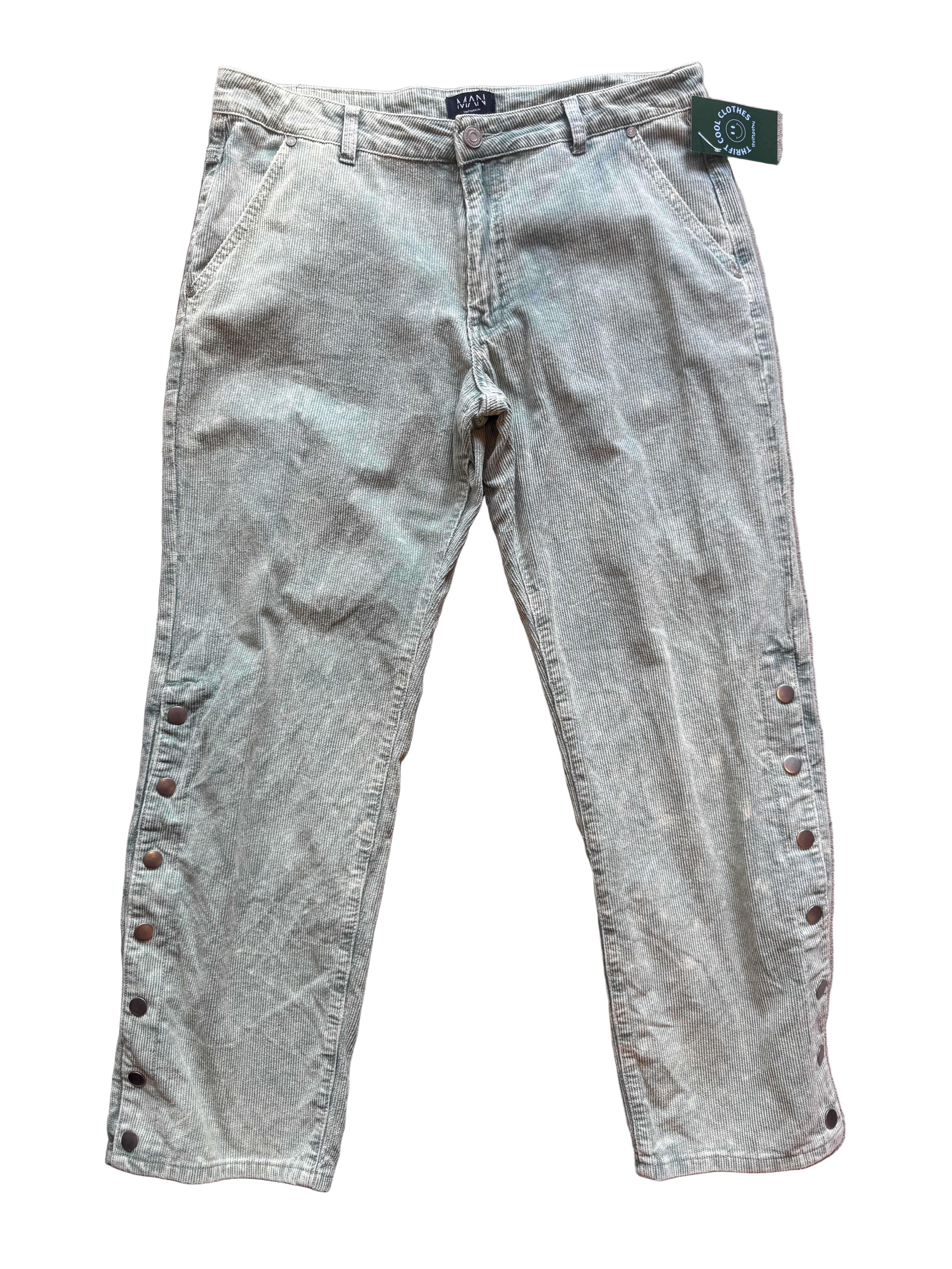 green boohoo man ribbed pants, m
