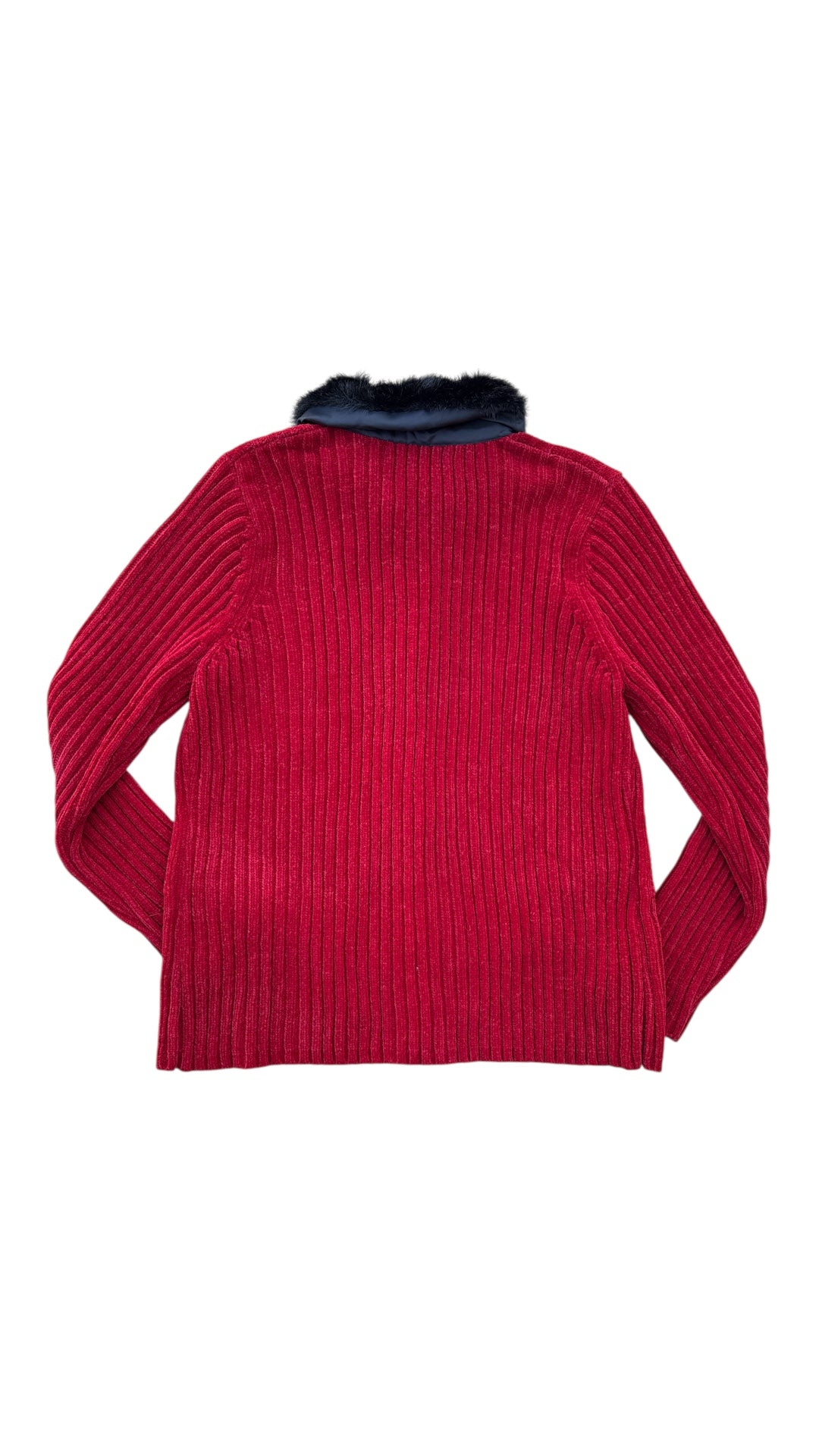 red black designers original studio zip up ls sweater with fur collar, XL