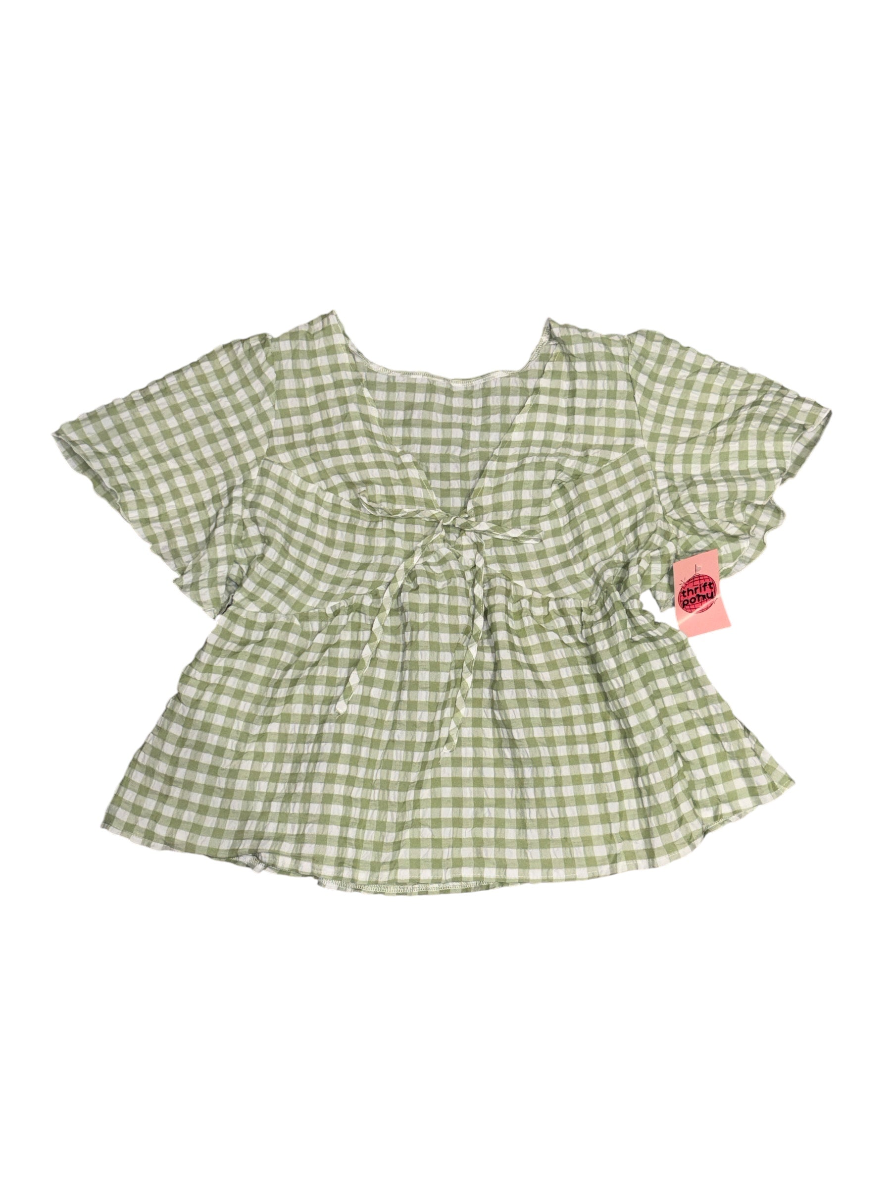 green white shein gingham tie front ss top, xl