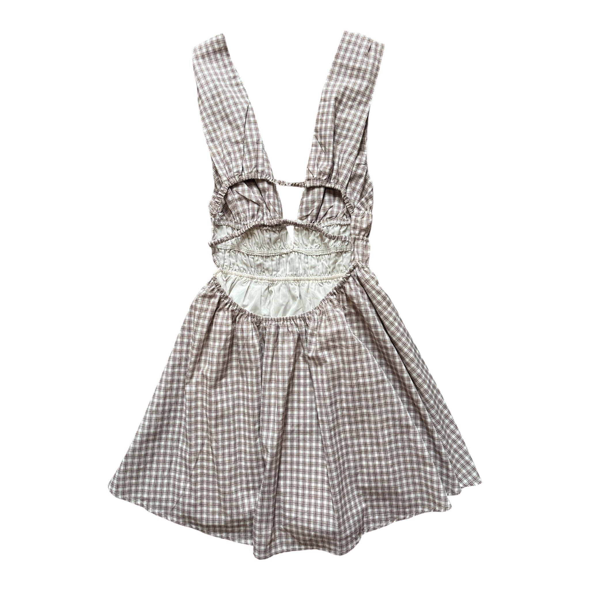 brown white cotton candy la plaid deep v open back dress, s