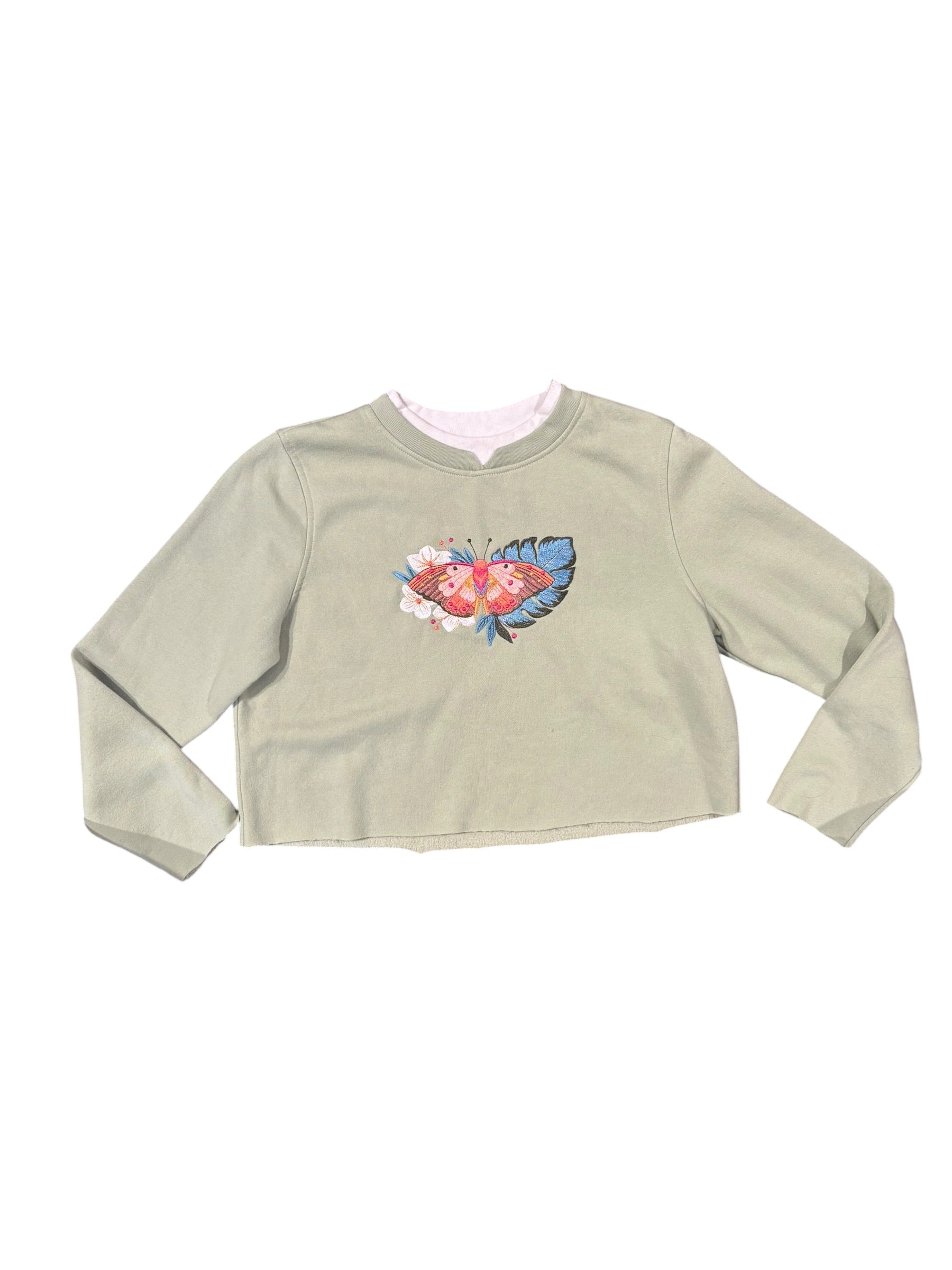 green heritage charm moth embroidered crew, S