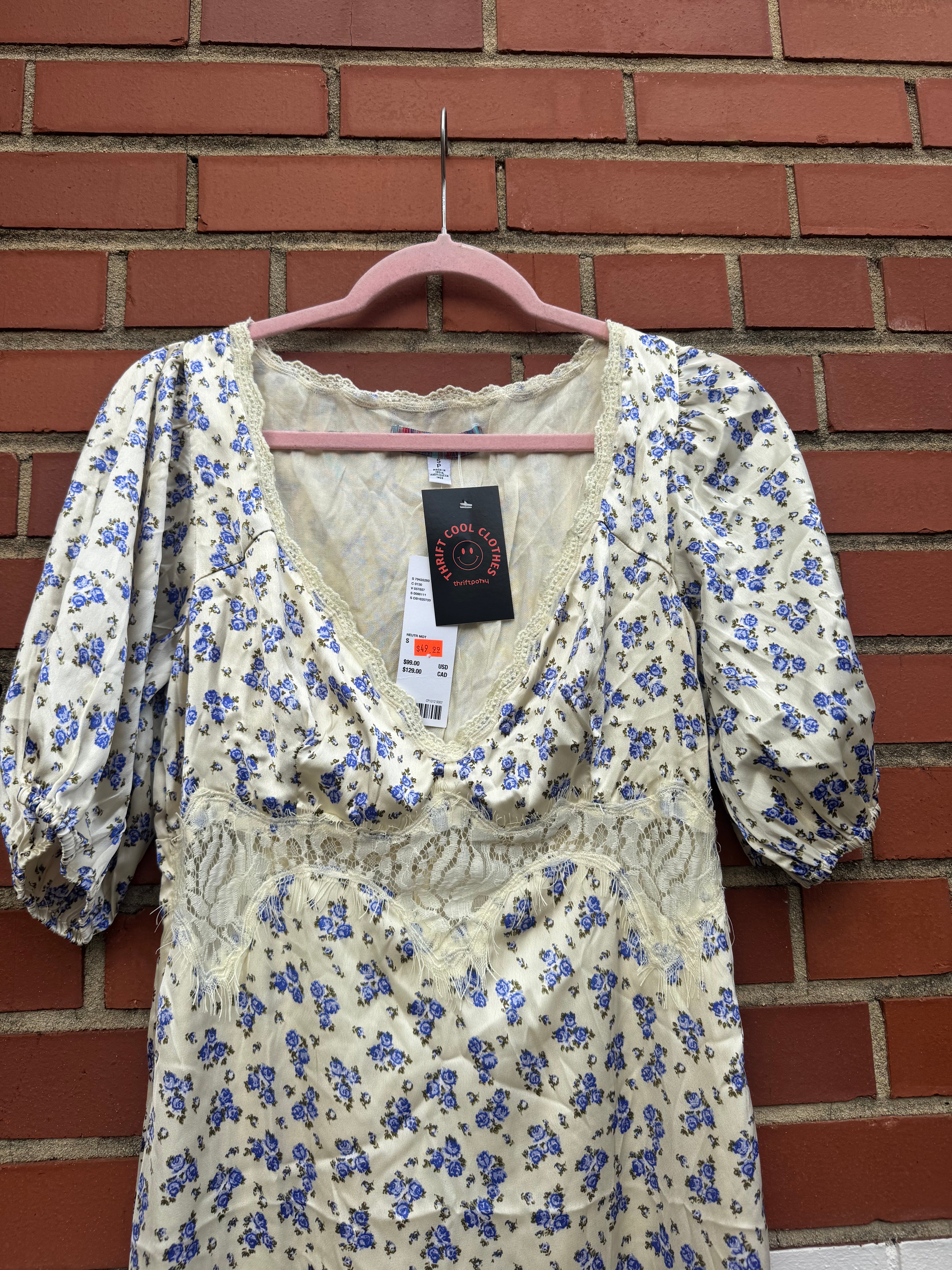 cream blue urban outfitters nwt floral silky dress w lace, s