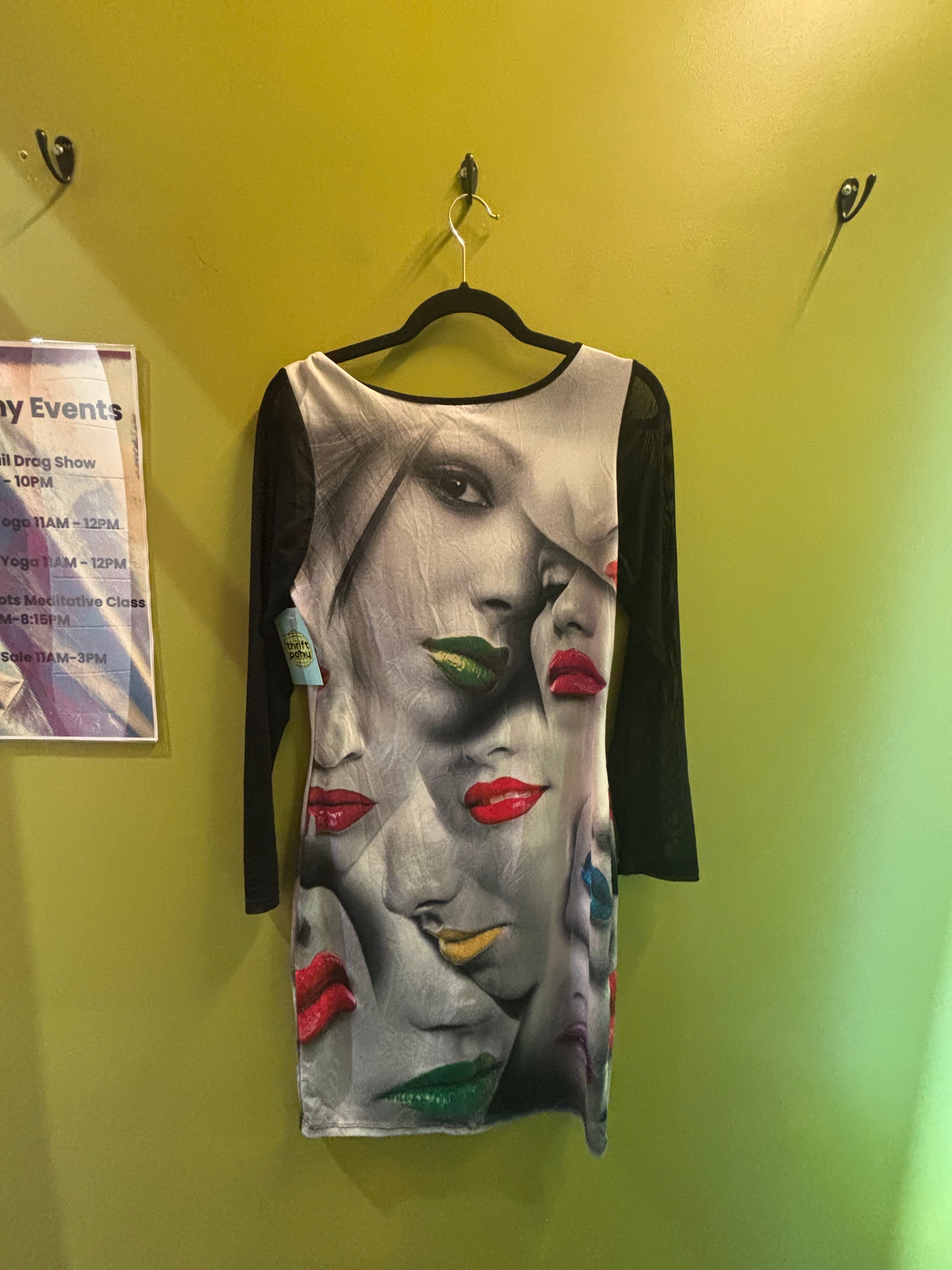 black gray green fashion dazzle y2k face lip dress M/L wth stretch