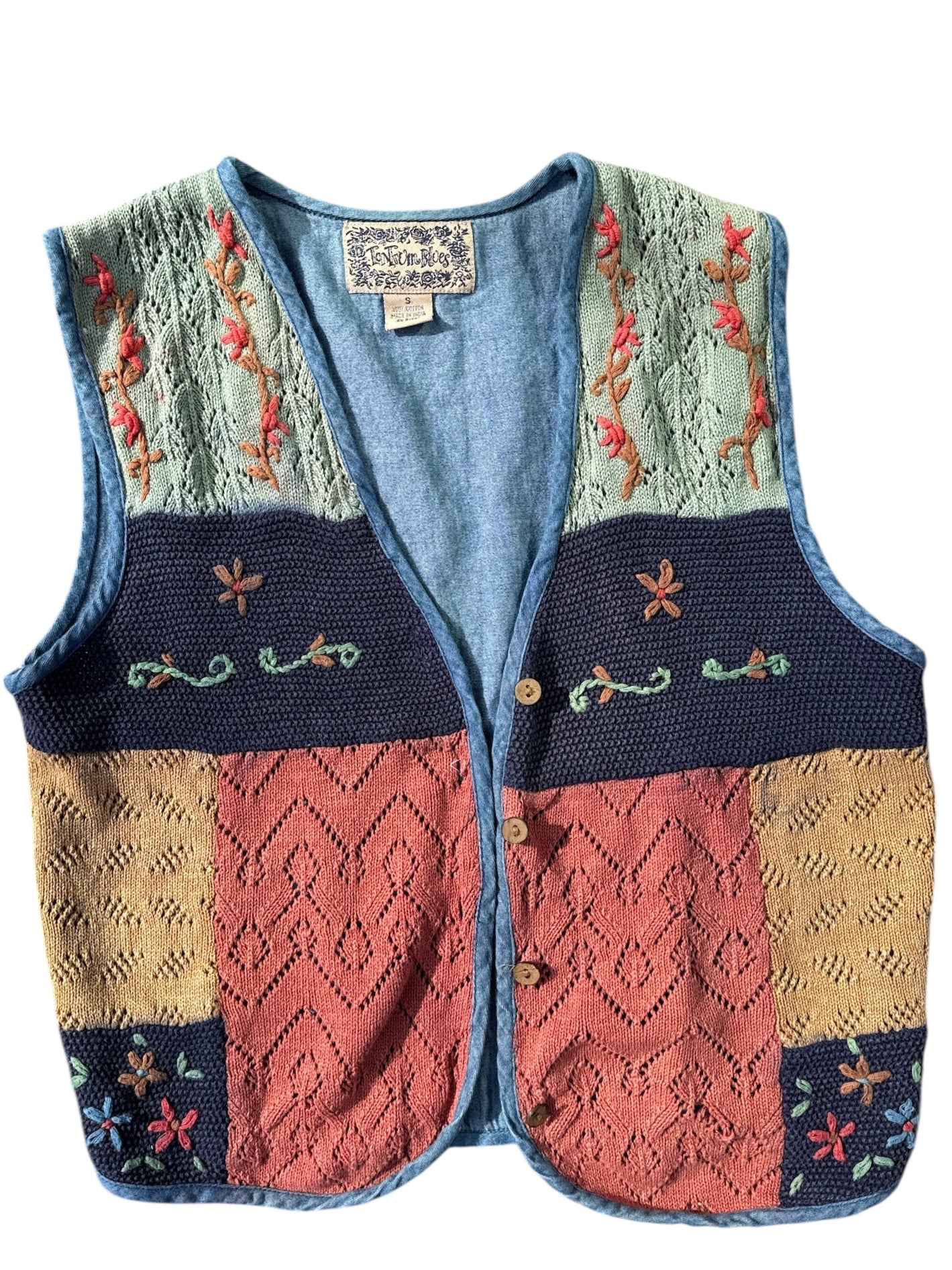 blue green tantrum blues patchwork embroider vest, s
