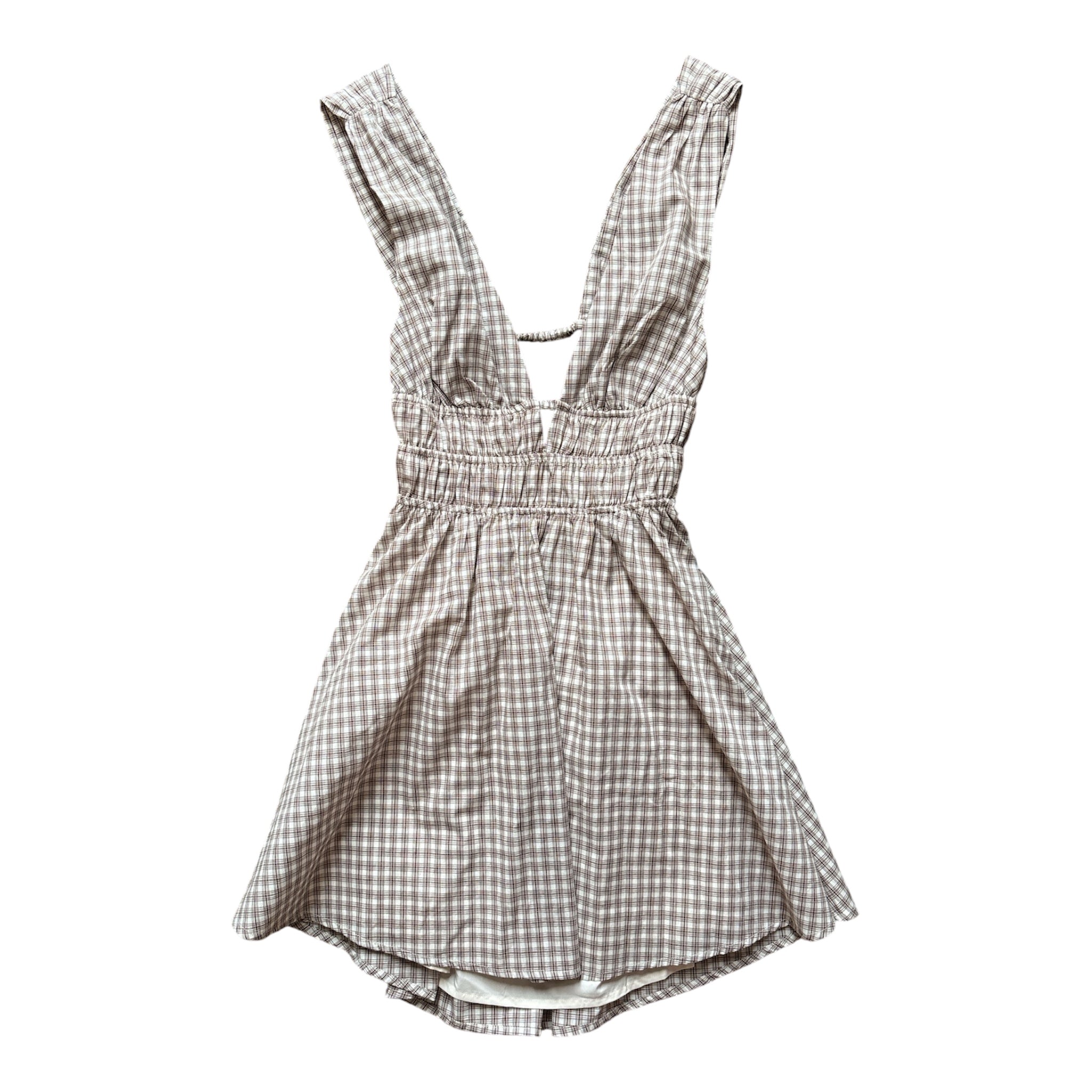 brown white cotton candy la plaid deep v open back dress, s