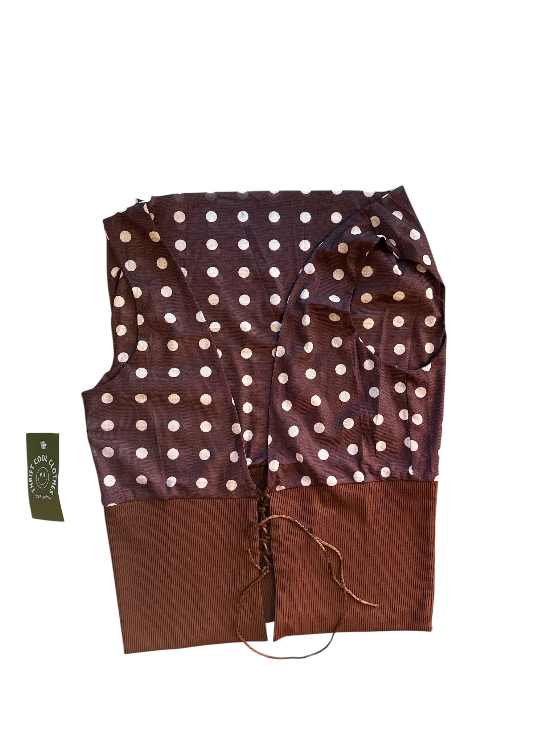 brown white  cowl neck mesh polka dot crop top, M