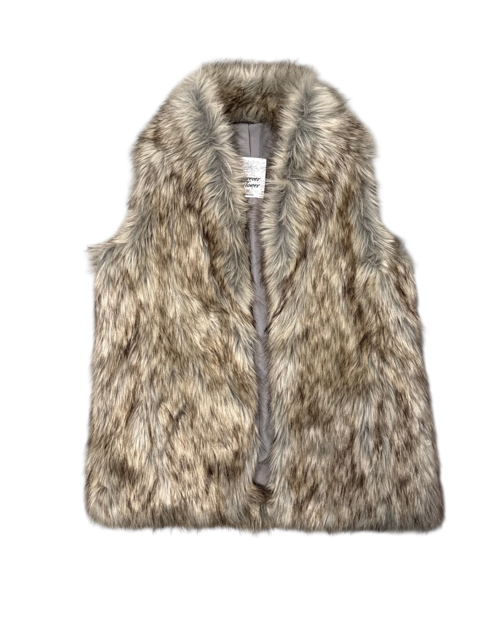 tan forever flower faux fur vest, M