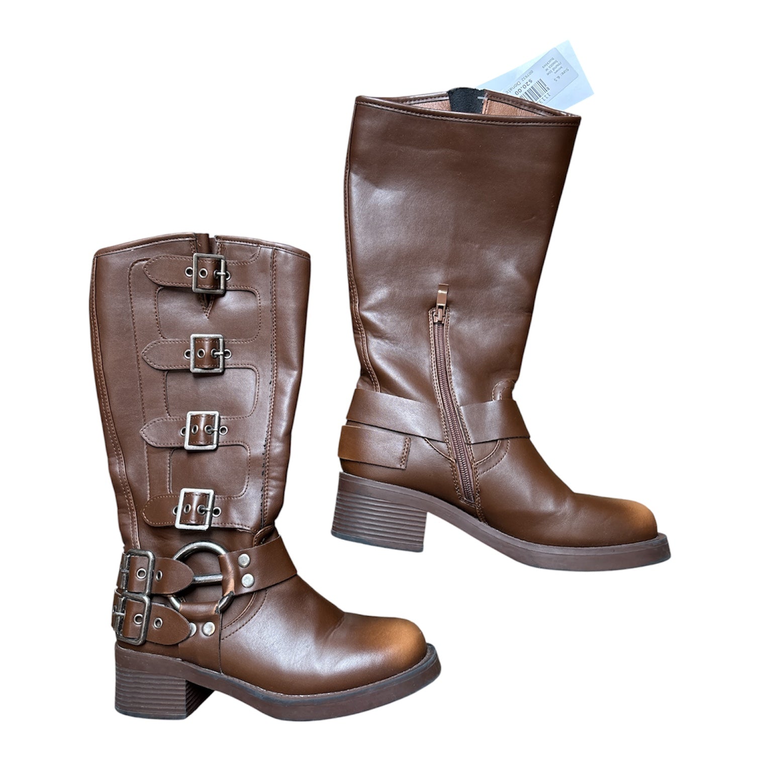 brown  round toe boots w buckles, 6.5