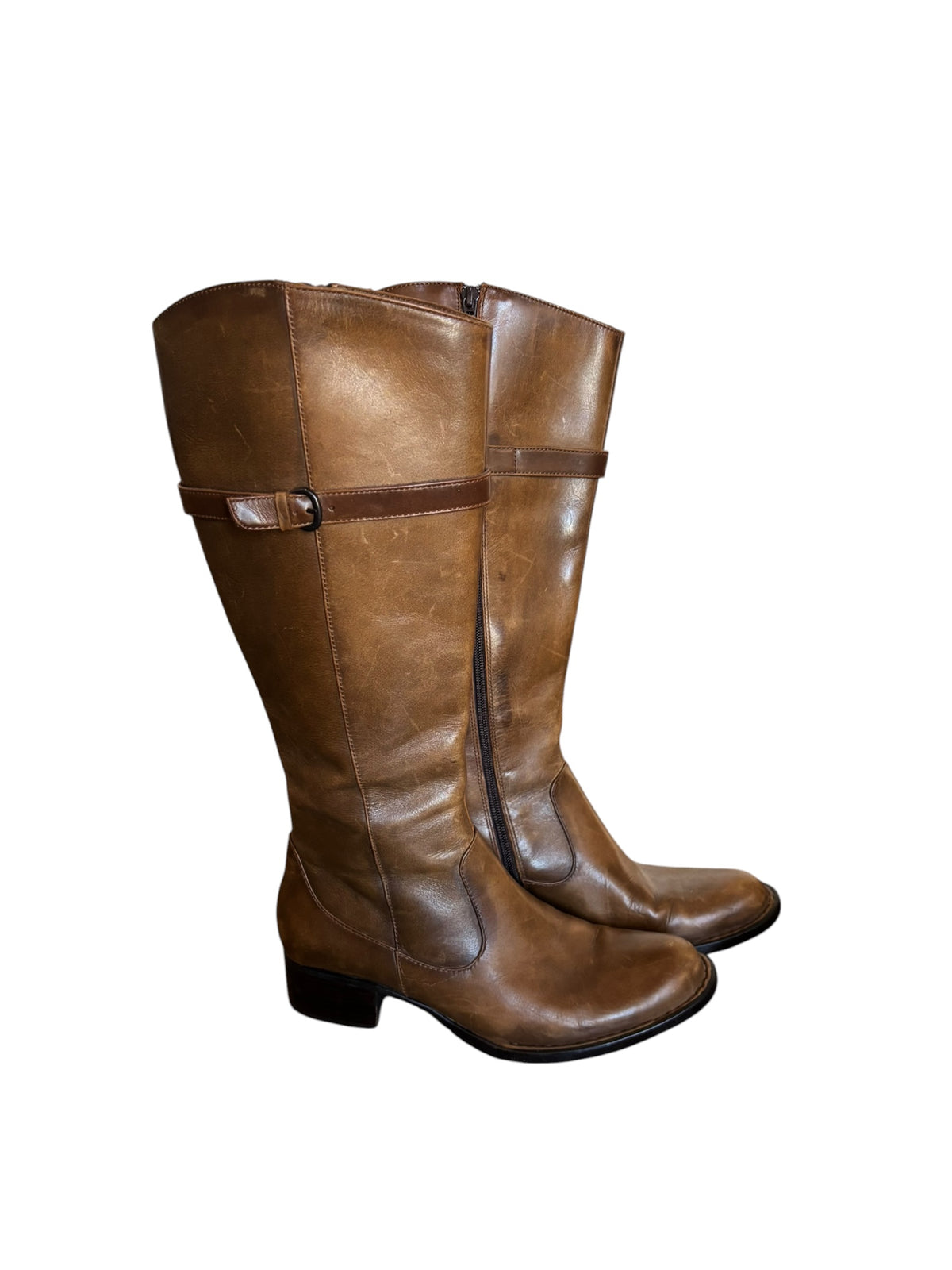 Brown Crown Tall boots w paisley print inside, 7.5