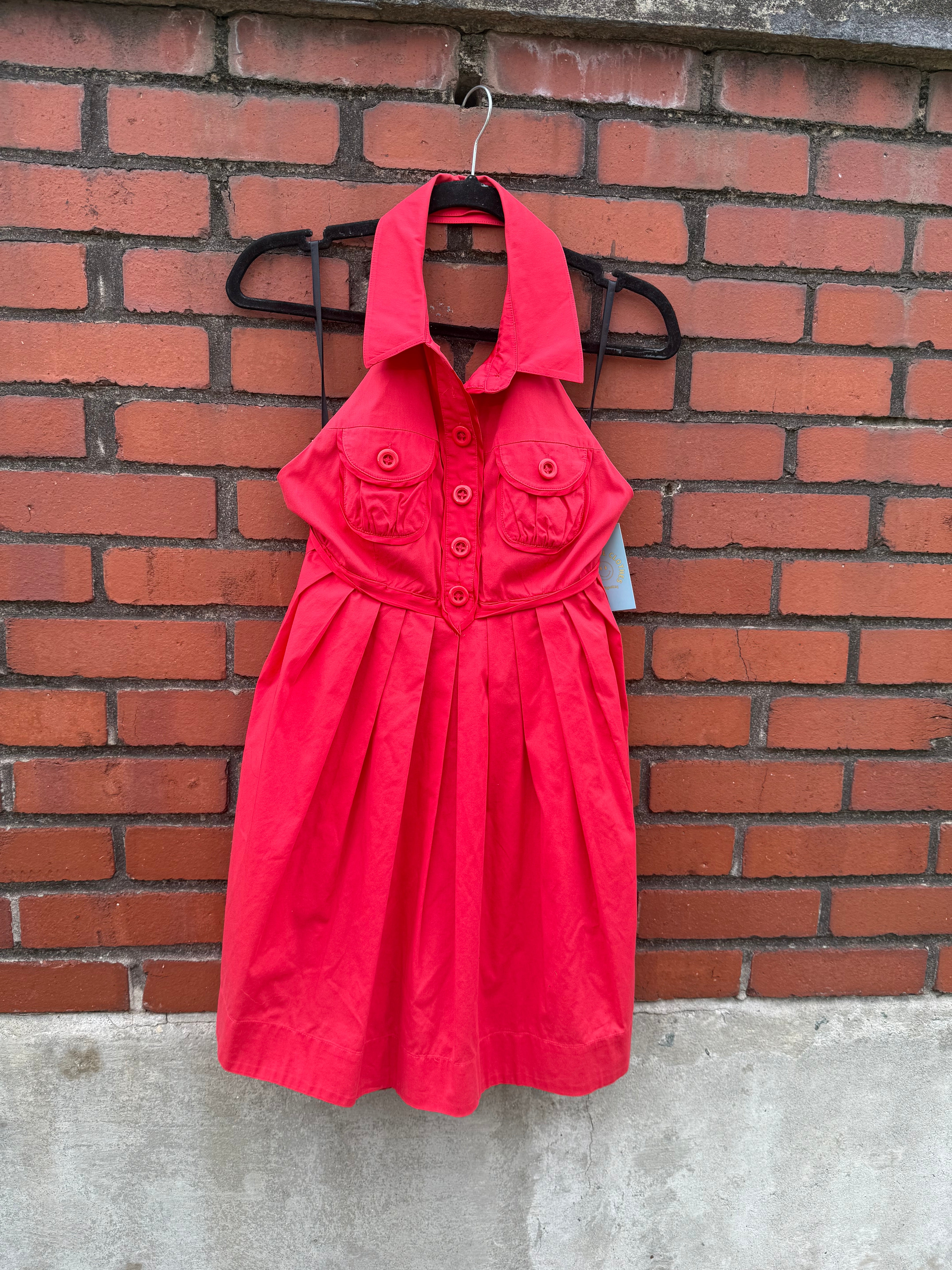 red bebe halter button up collare mini dress, m