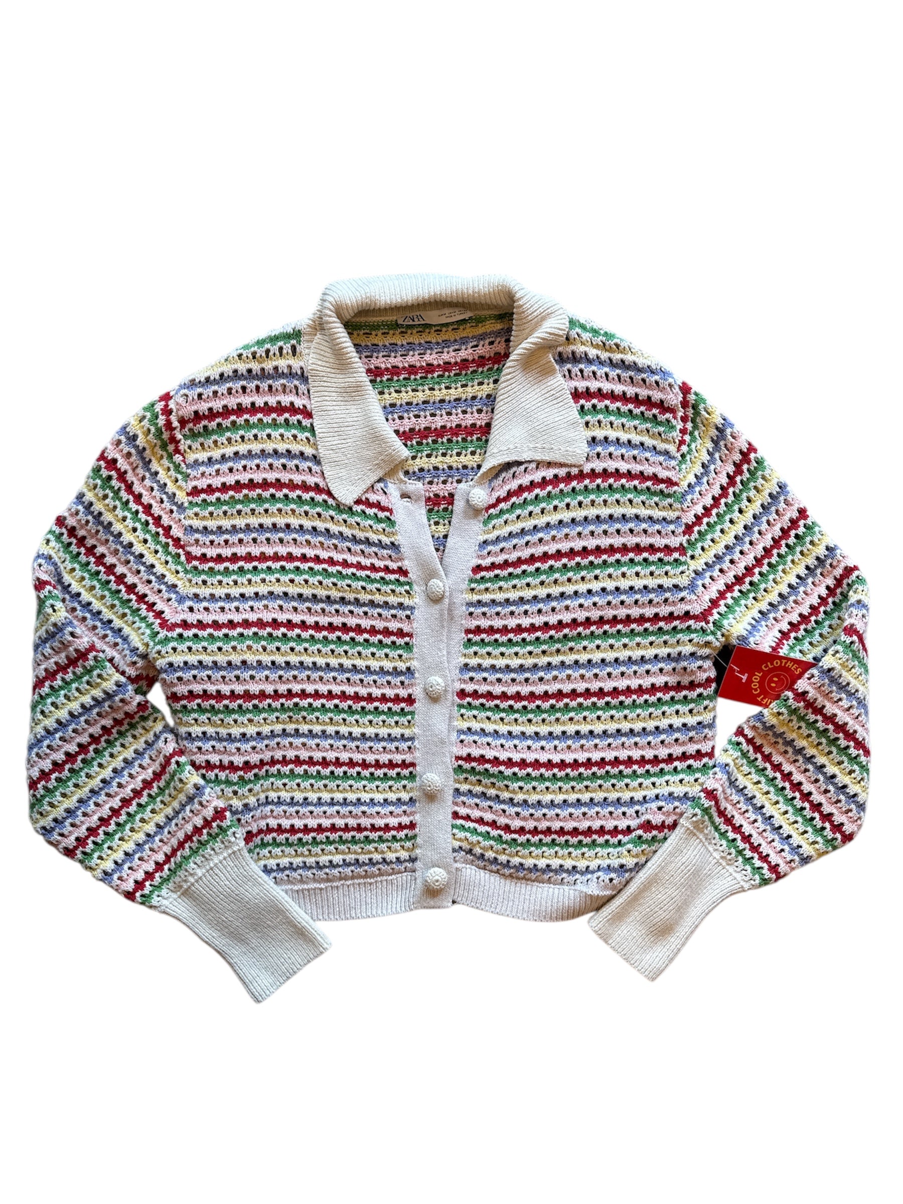 cream red blue yellow zara crochet stripe top, m