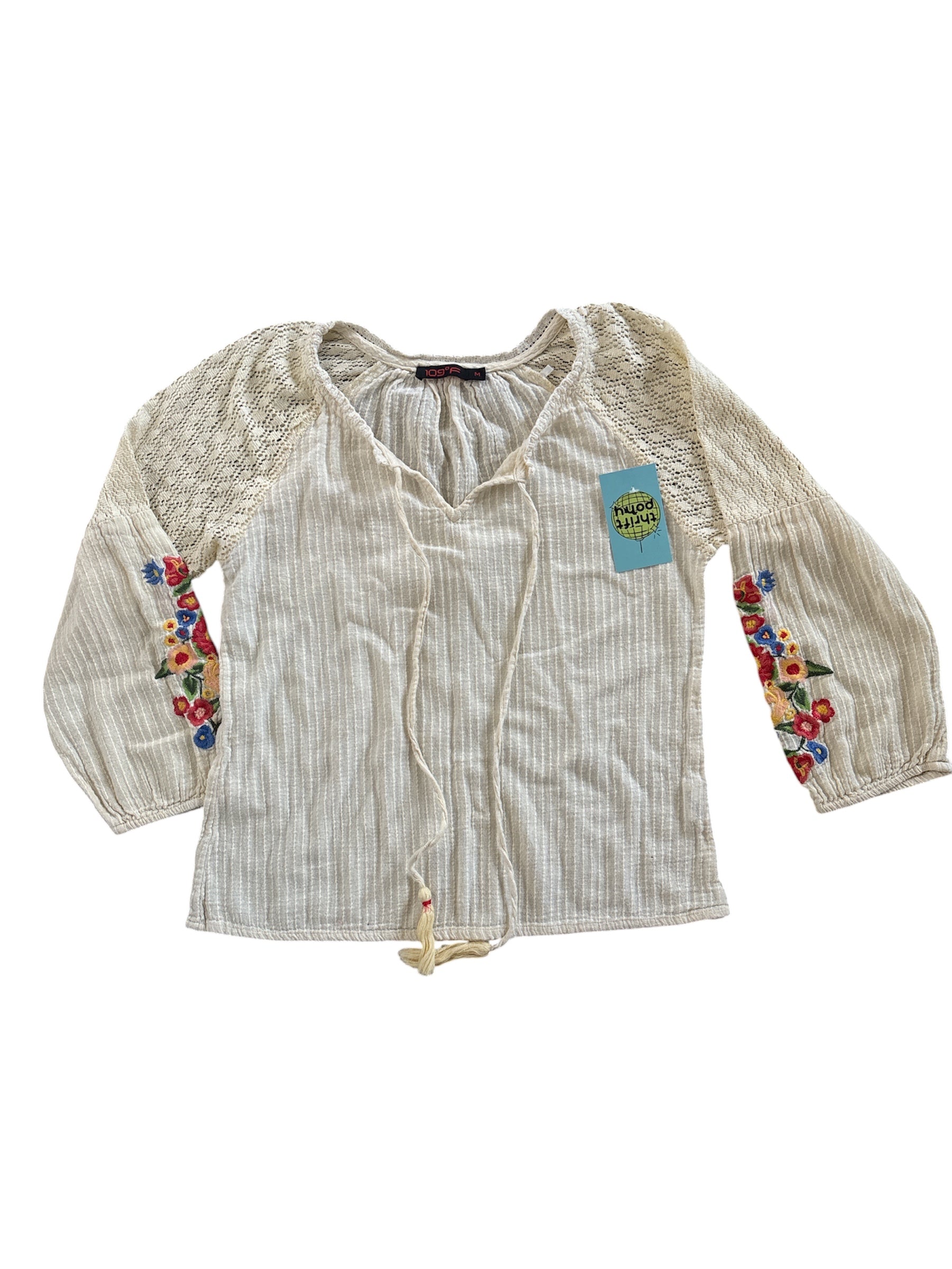 cream red blue yellow 109 F embroidered floral sleeve blouse, m