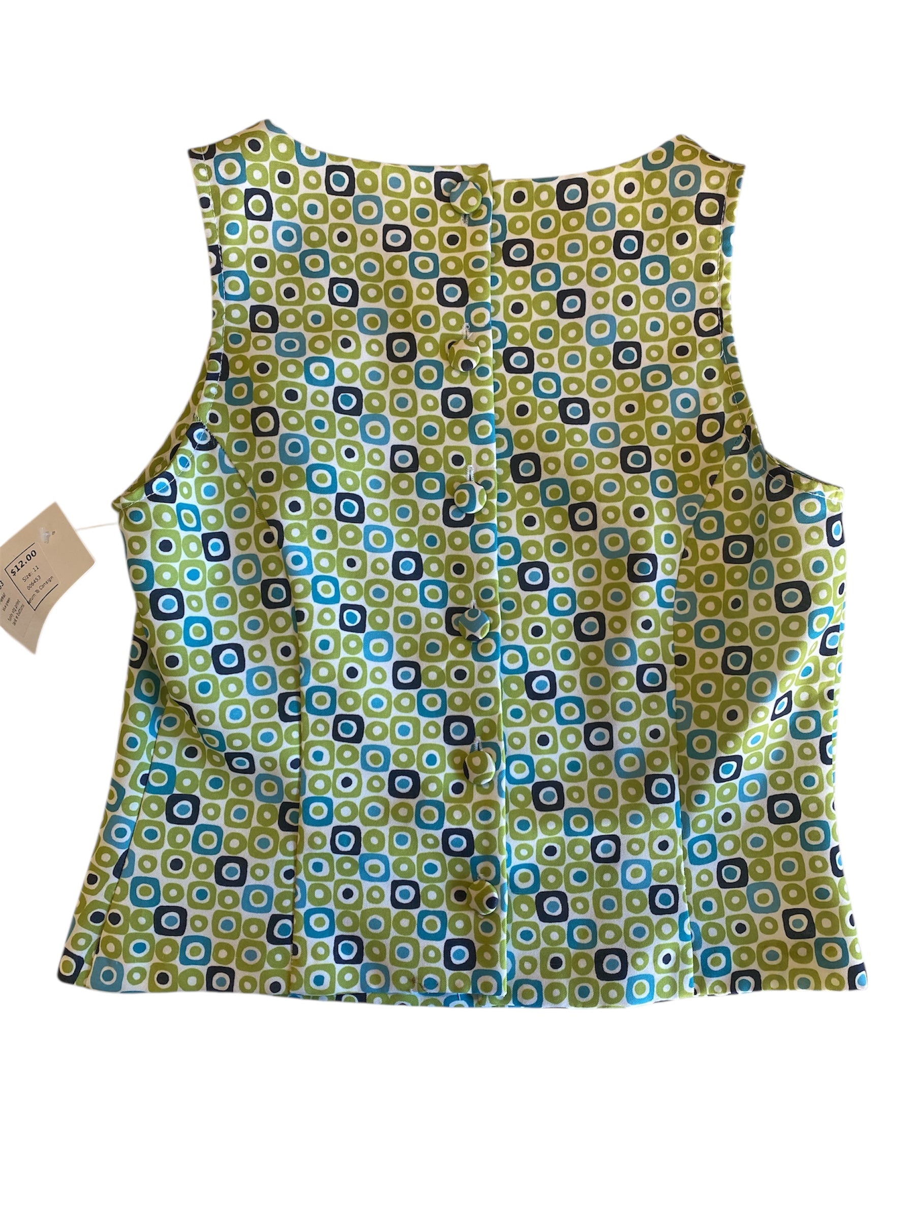 blue green r-wear funky vtg print tank w buttons, 11