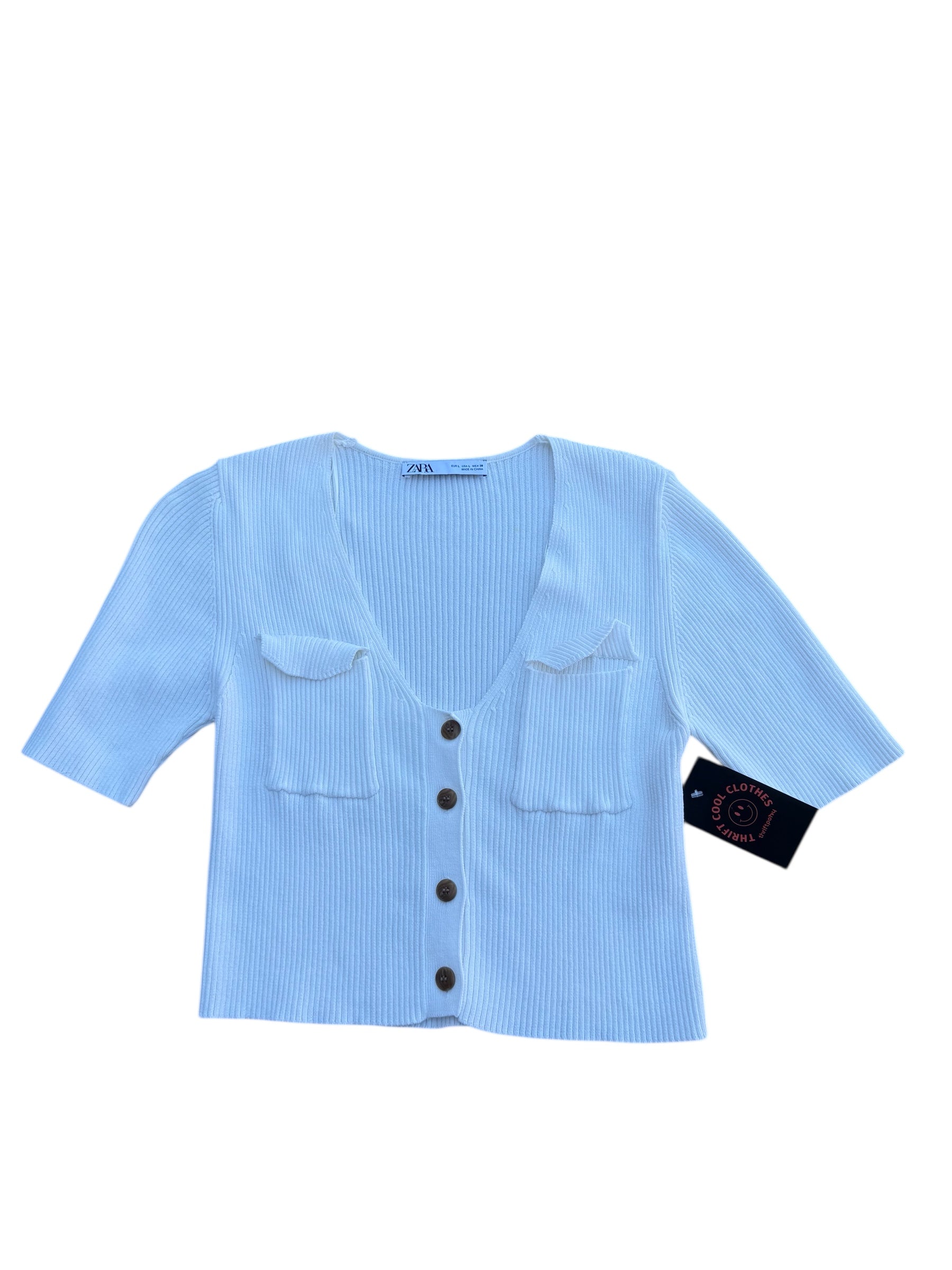 White Zara Ribbed blouse w pocket, L