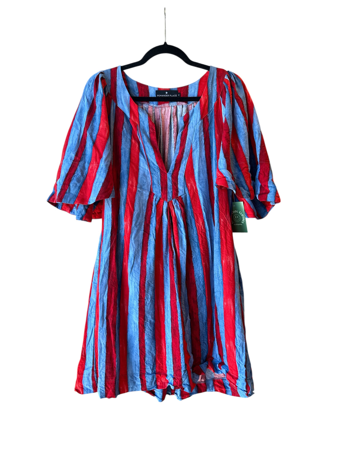 Blue Red Pomander Place Striped puff sleeve dress, M
