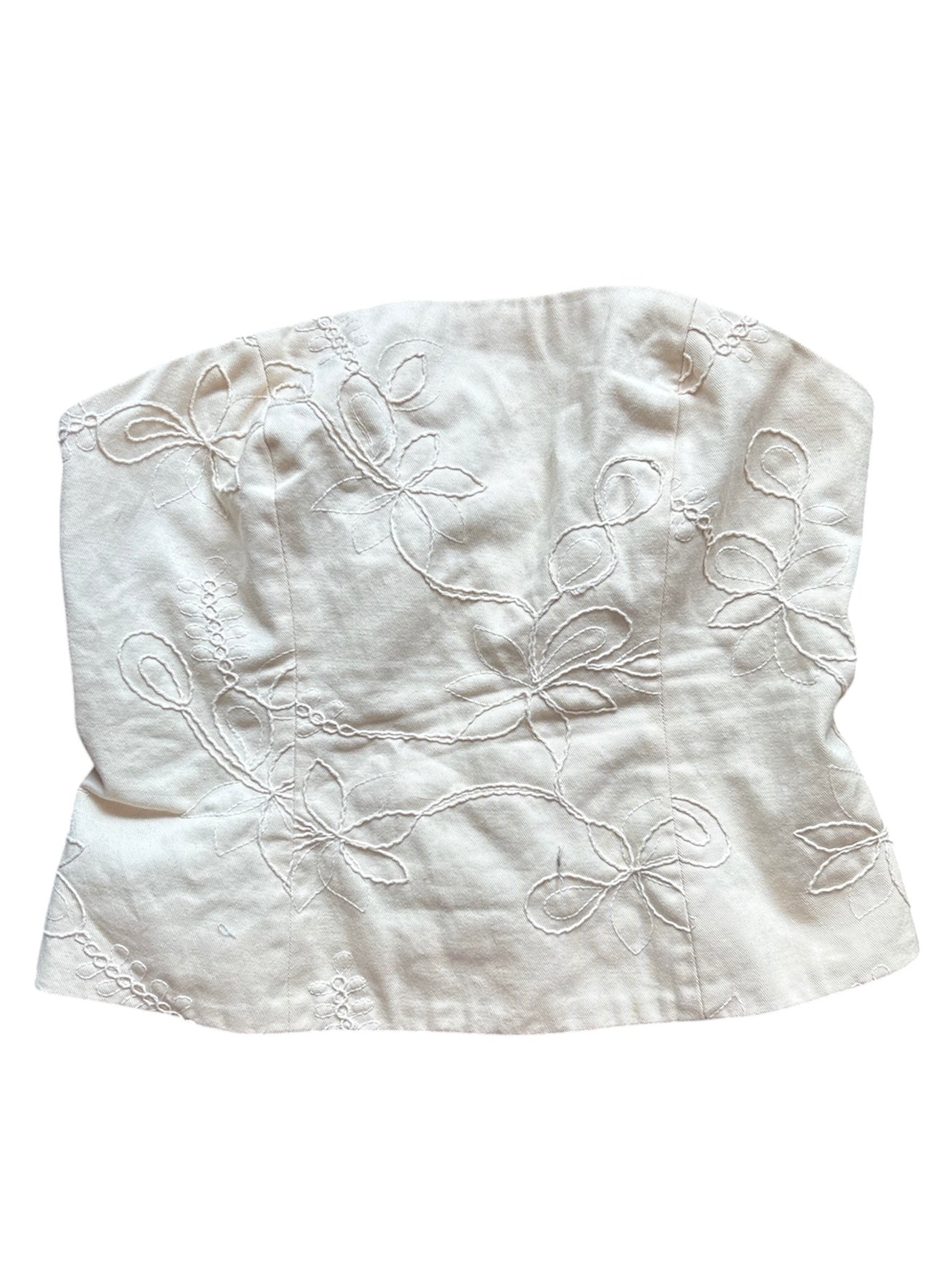 cream meshki embroider floral strapless top, s