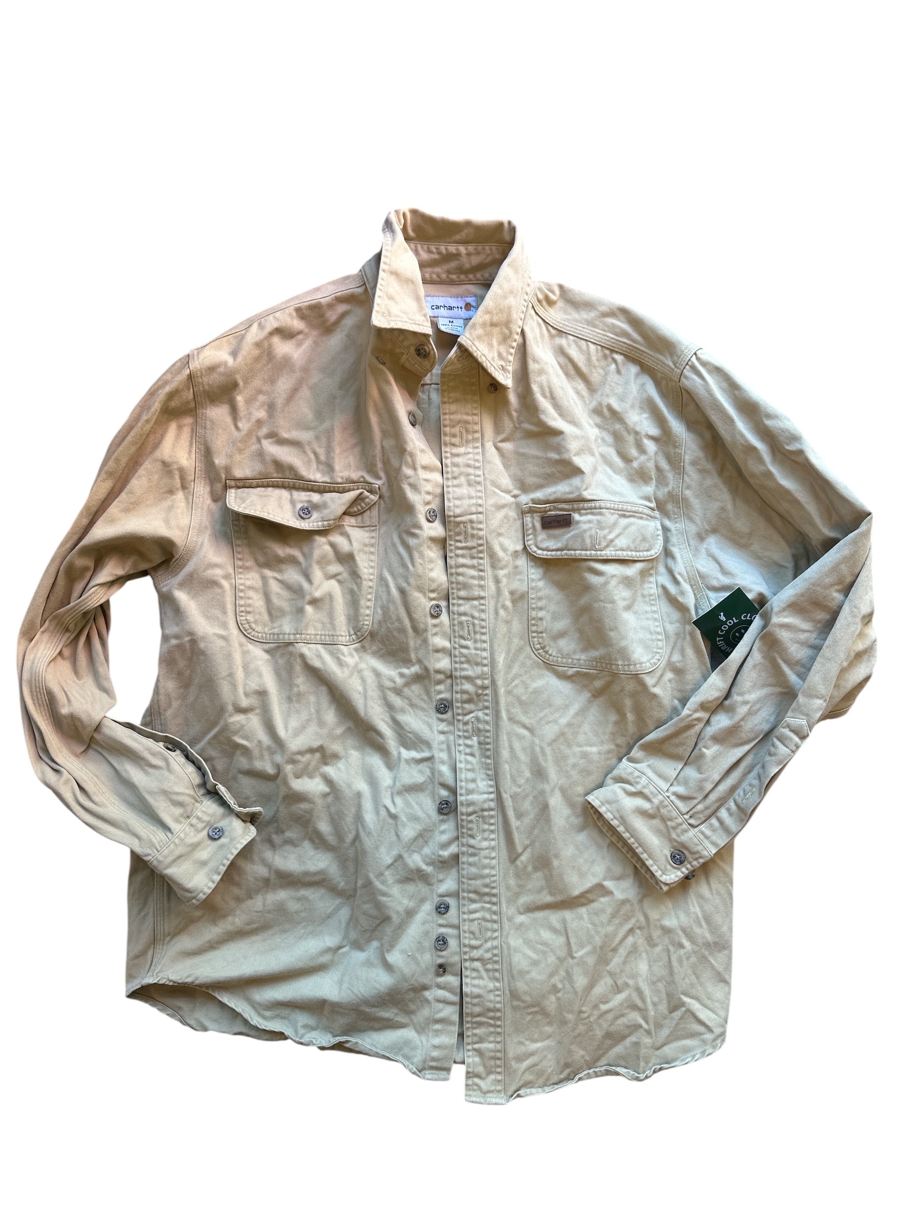 khak carhartt branded button down, im