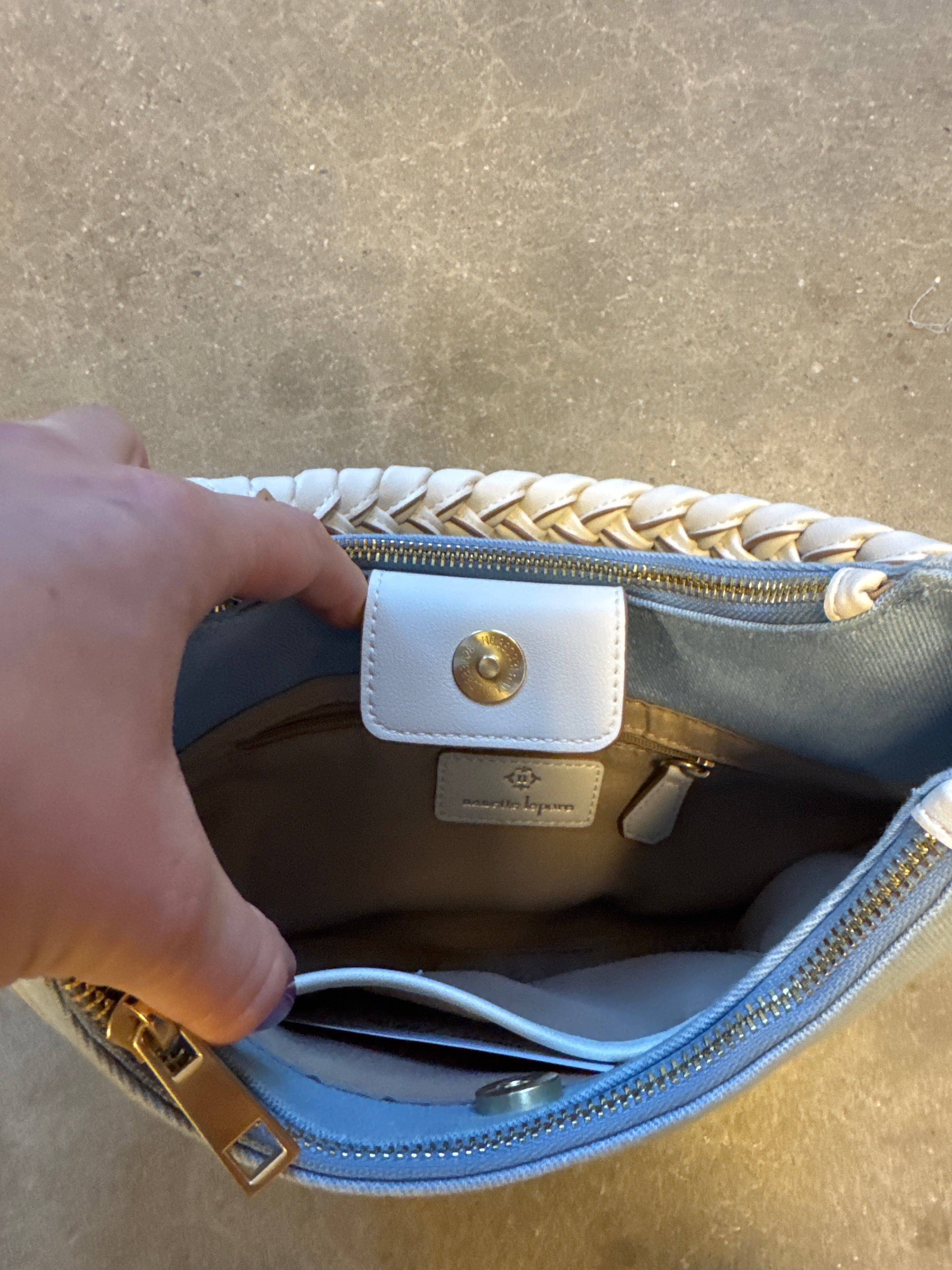 blue white nanette lepore denim braided handle purse