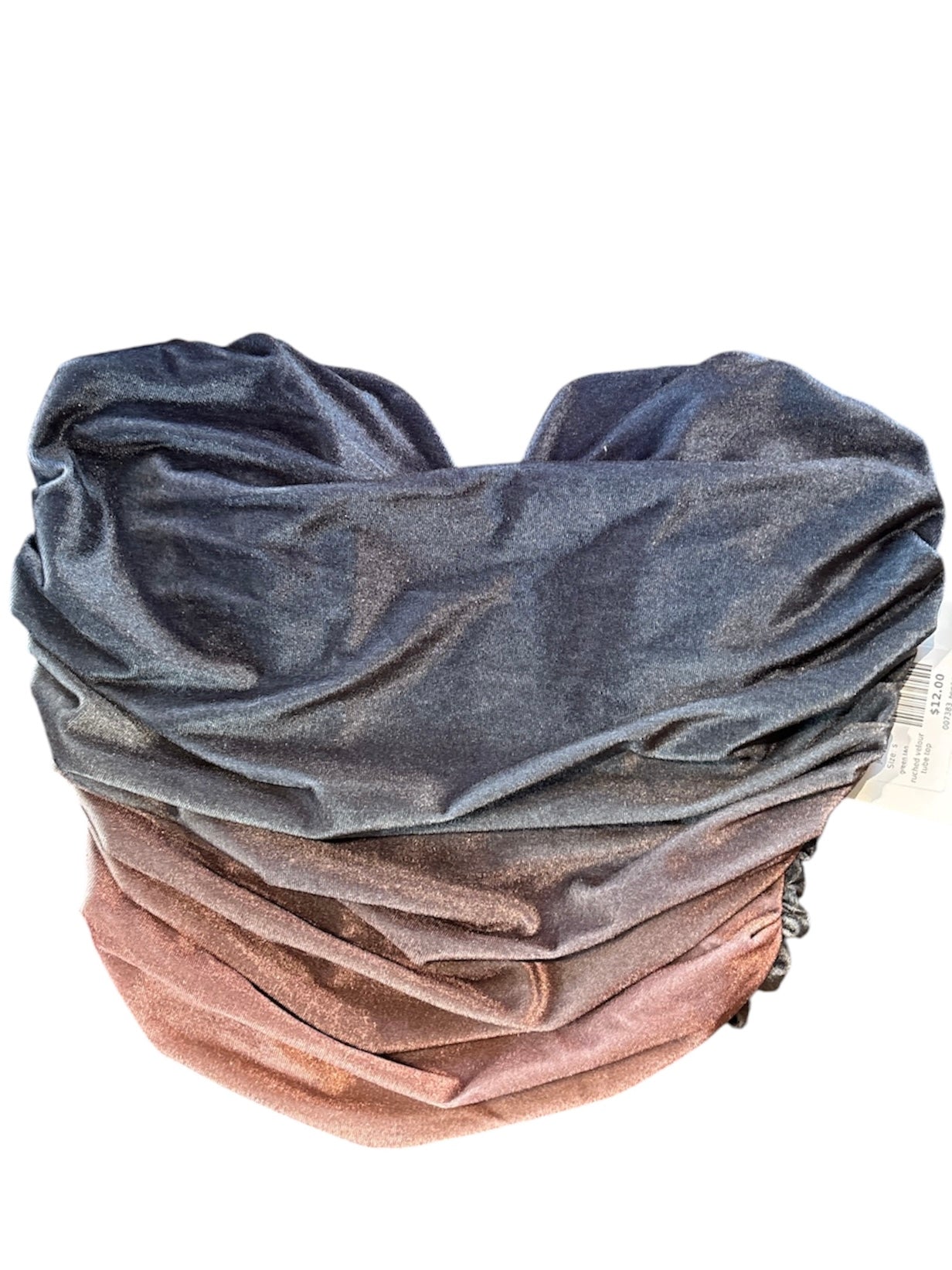green tan jlux label ruched velour tube top, s