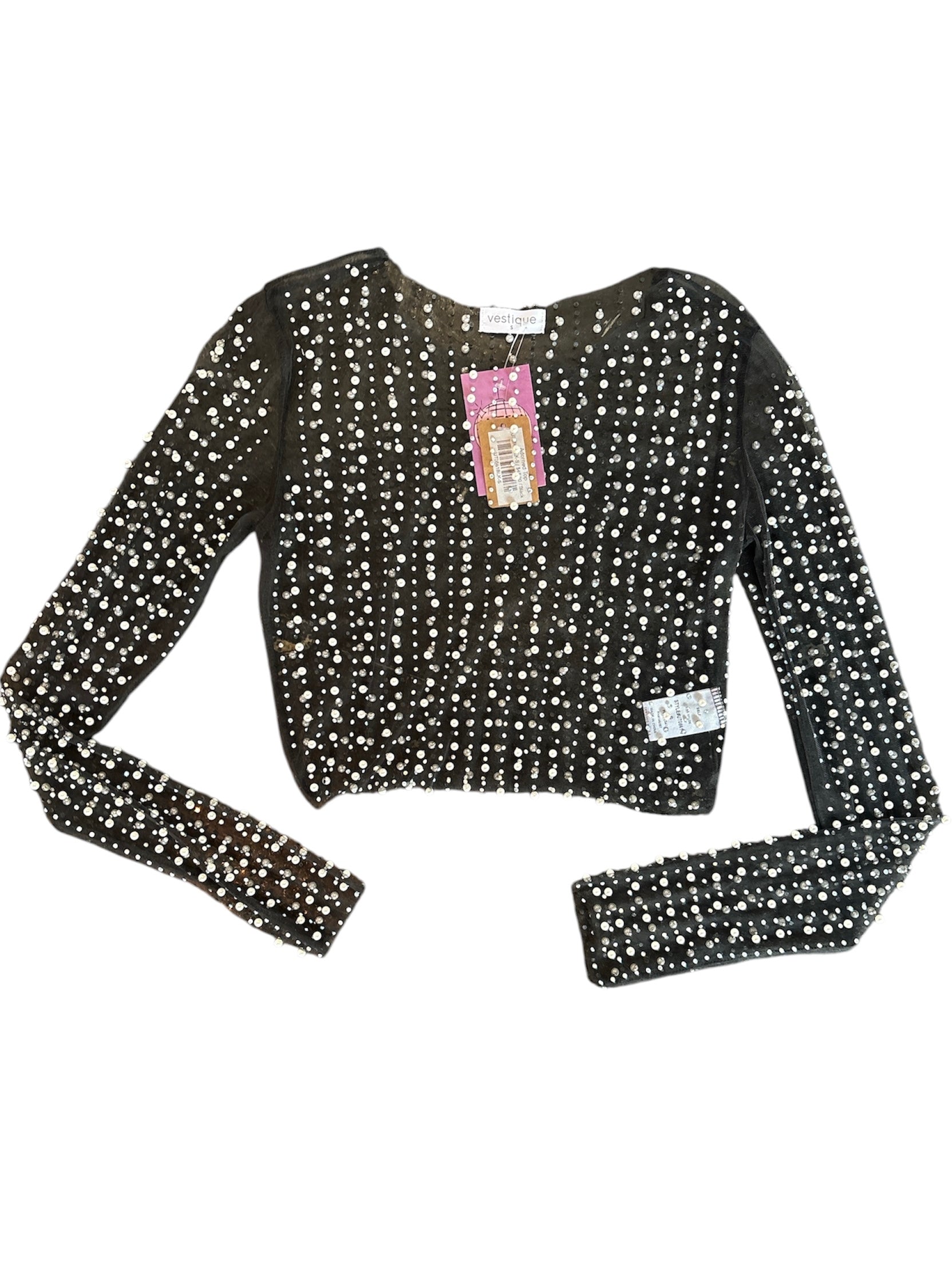 black white vestique nwt pearl rhinestone mesh top, s