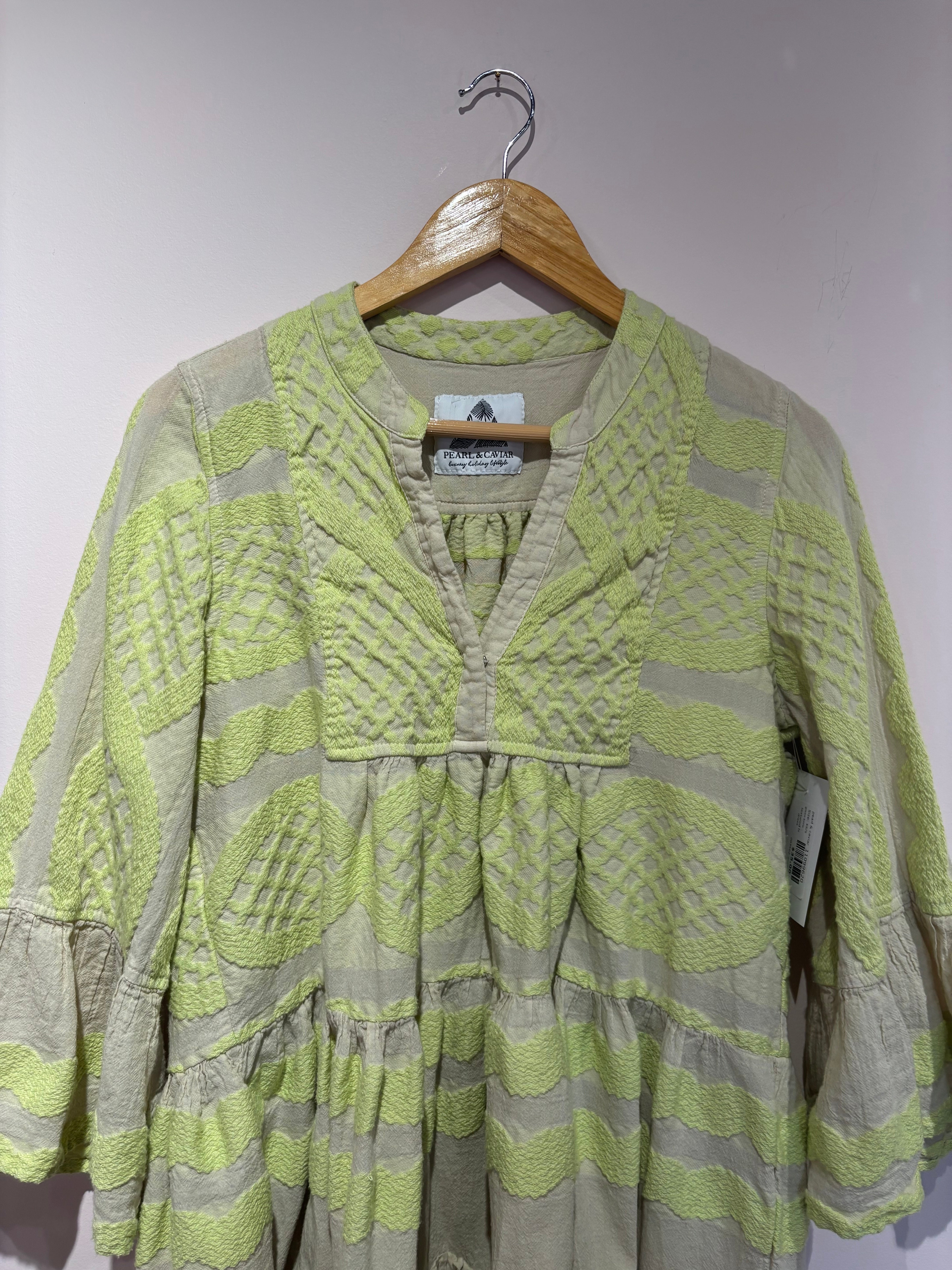 green brown pearl & caviar textured ls dress, xs/s