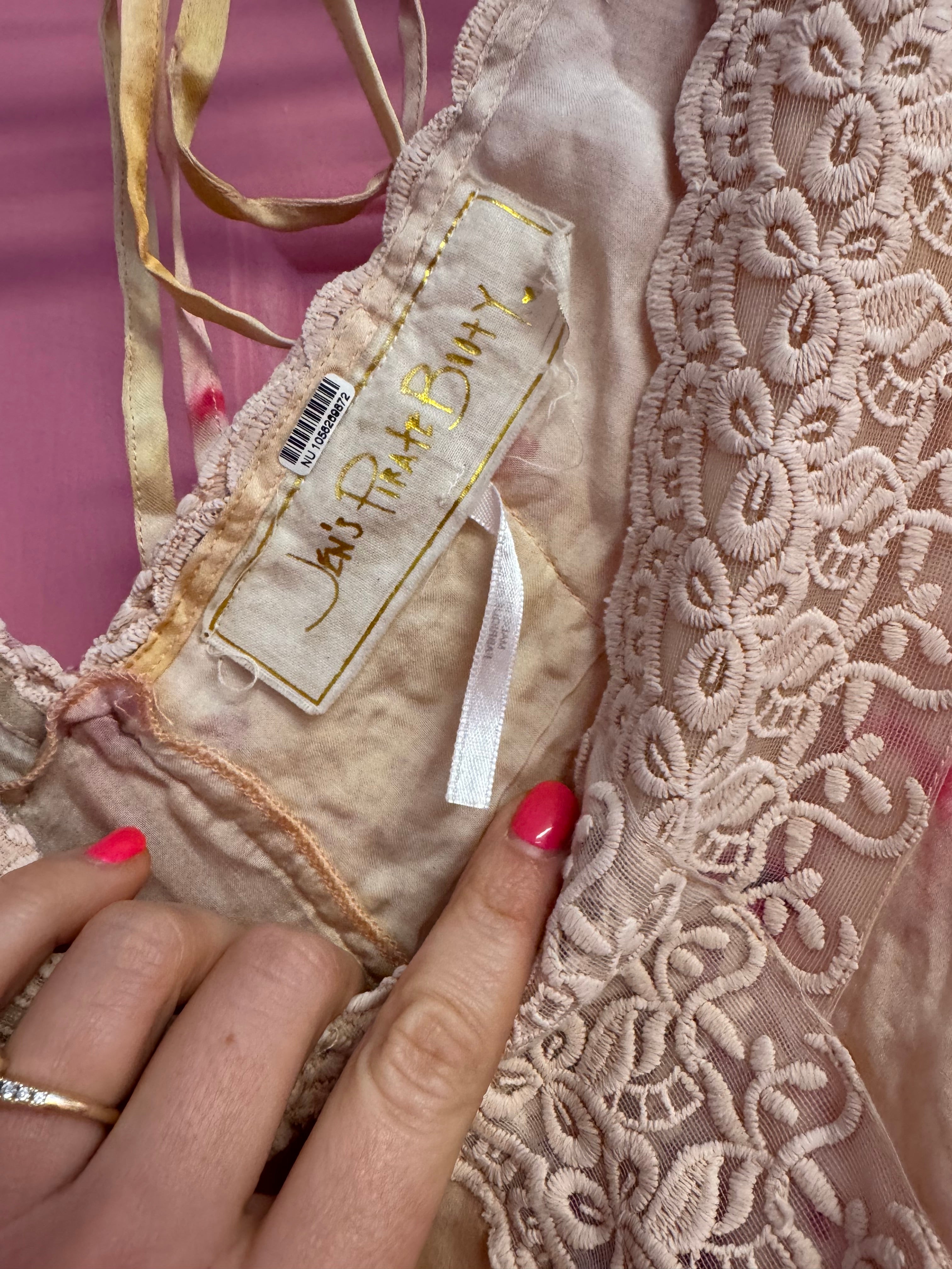pink yellow jen's pirate booty lace trim watercolor silky maxi dress, m