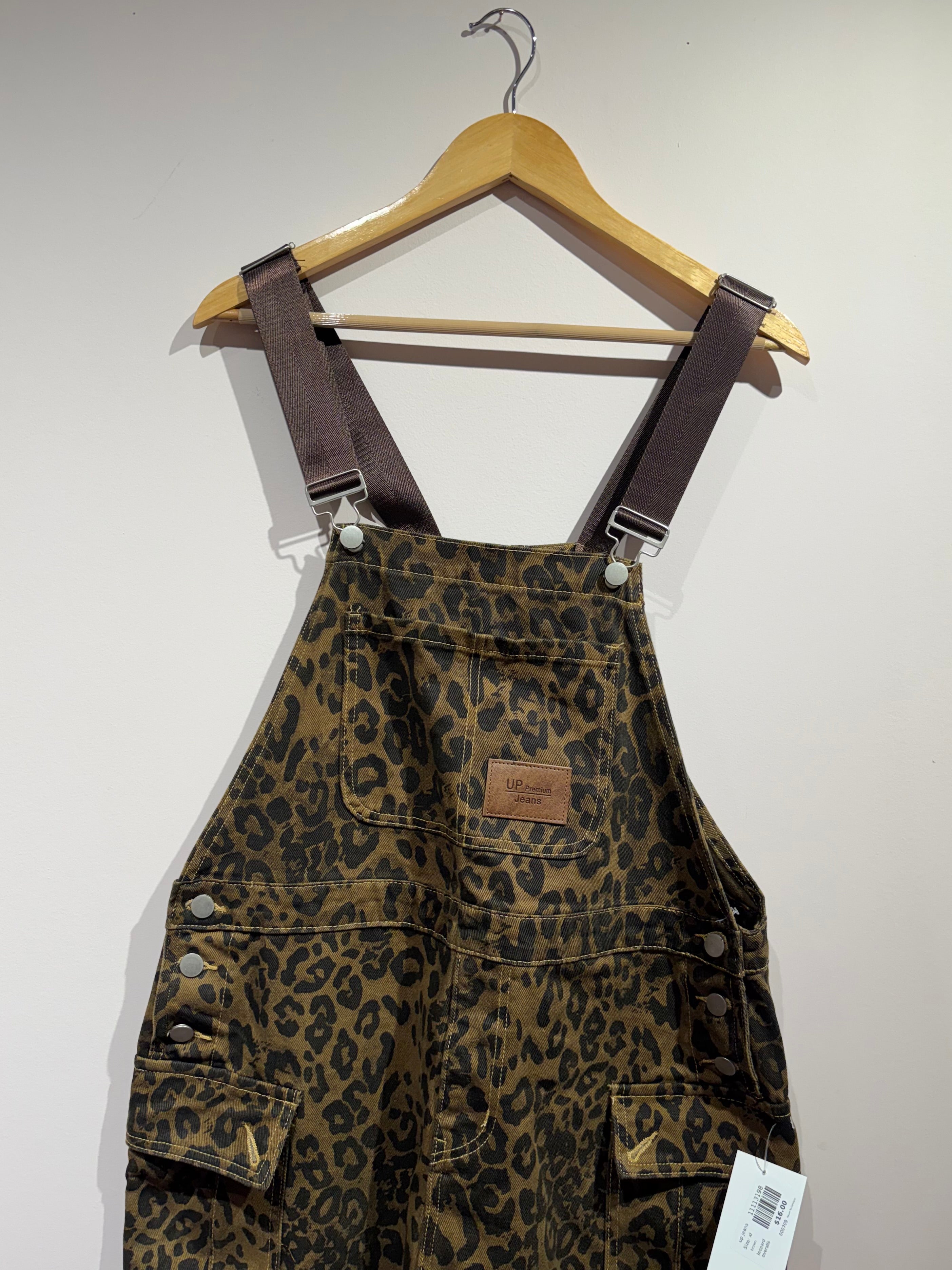 brown up jeans leopard overalls, xl