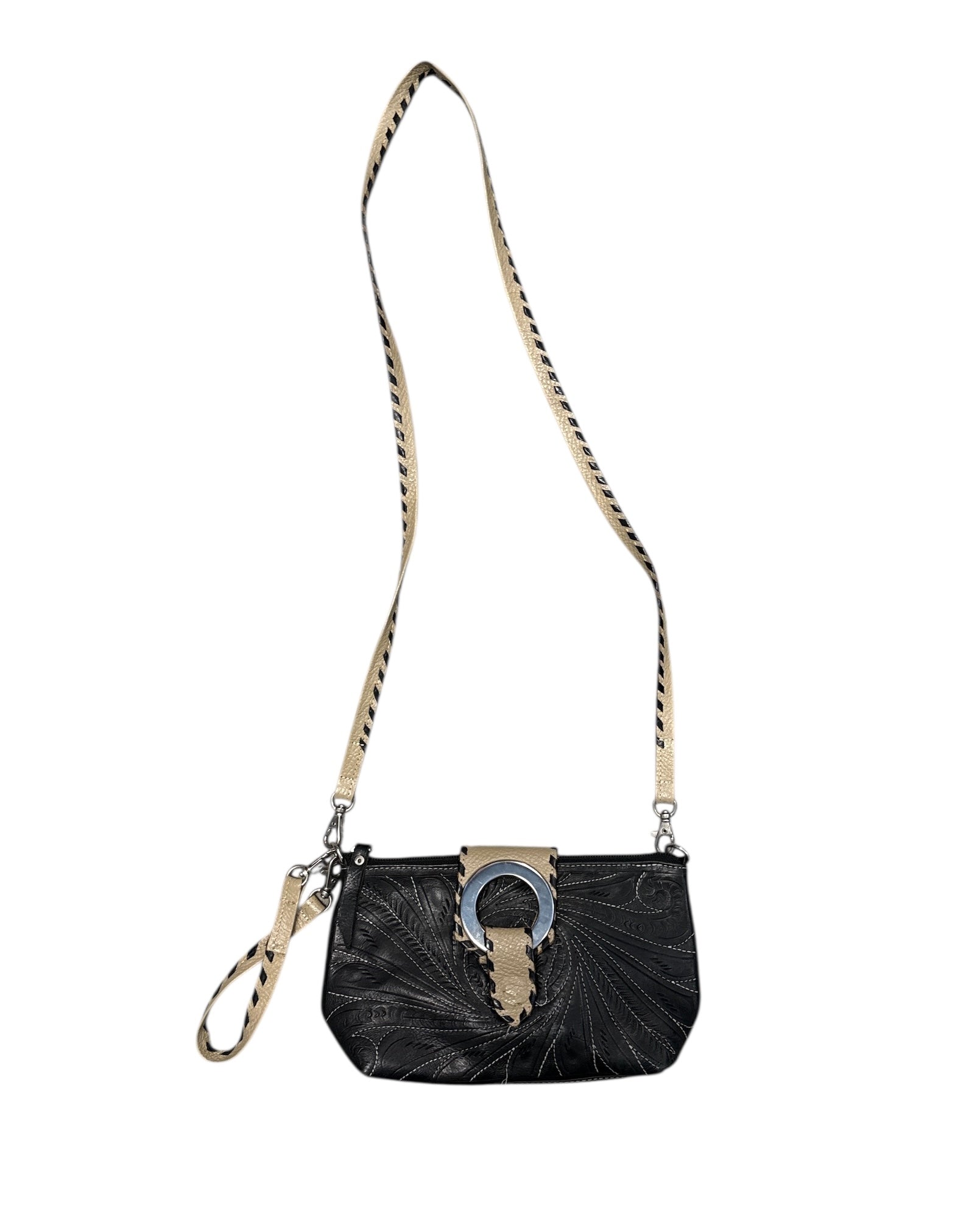 Black tan  Embroidered leather purse