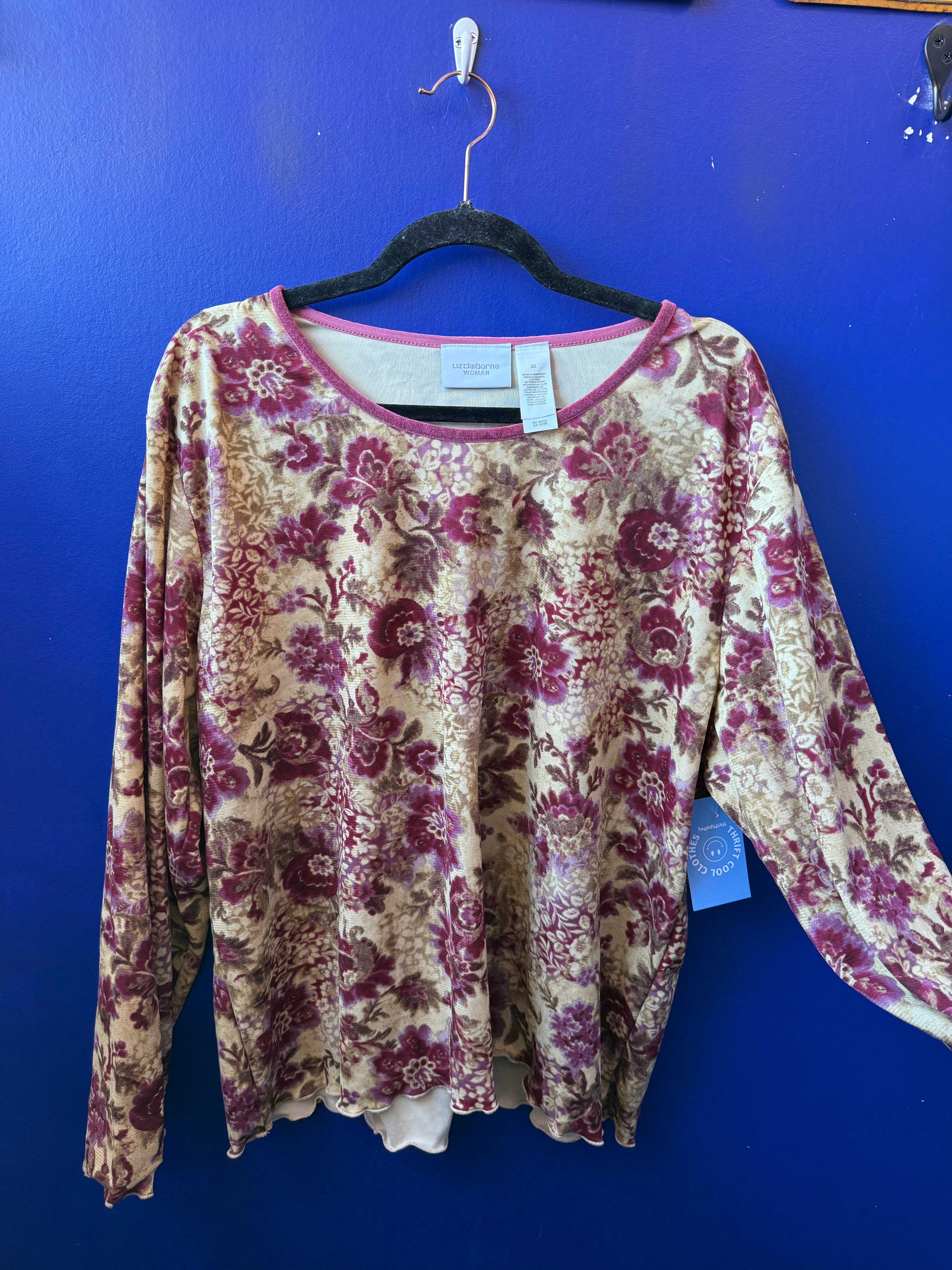 Pink brown Liz claiborne Floral ls lettuce trim top, 3x