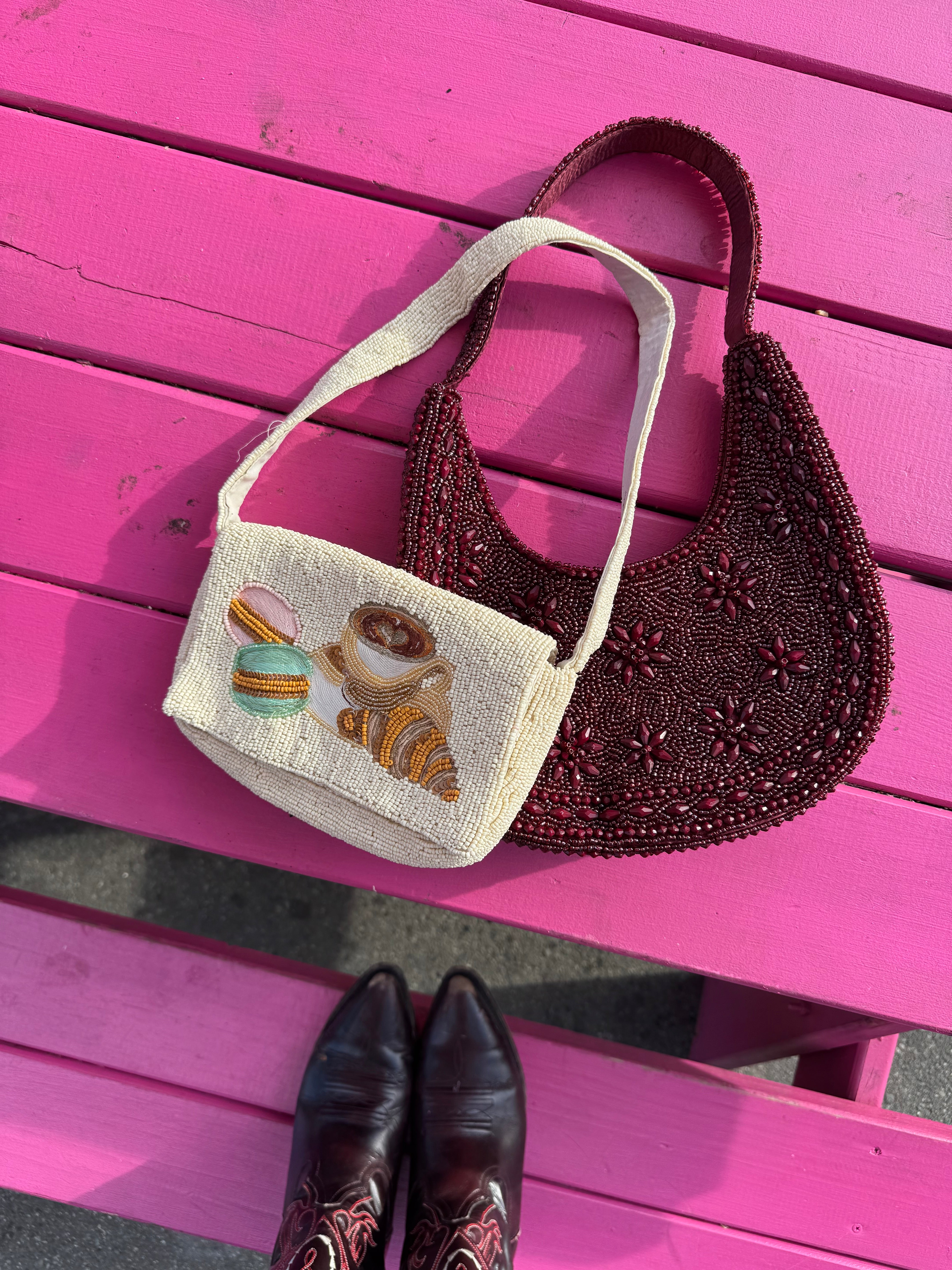 maroon  beaded crescent bag