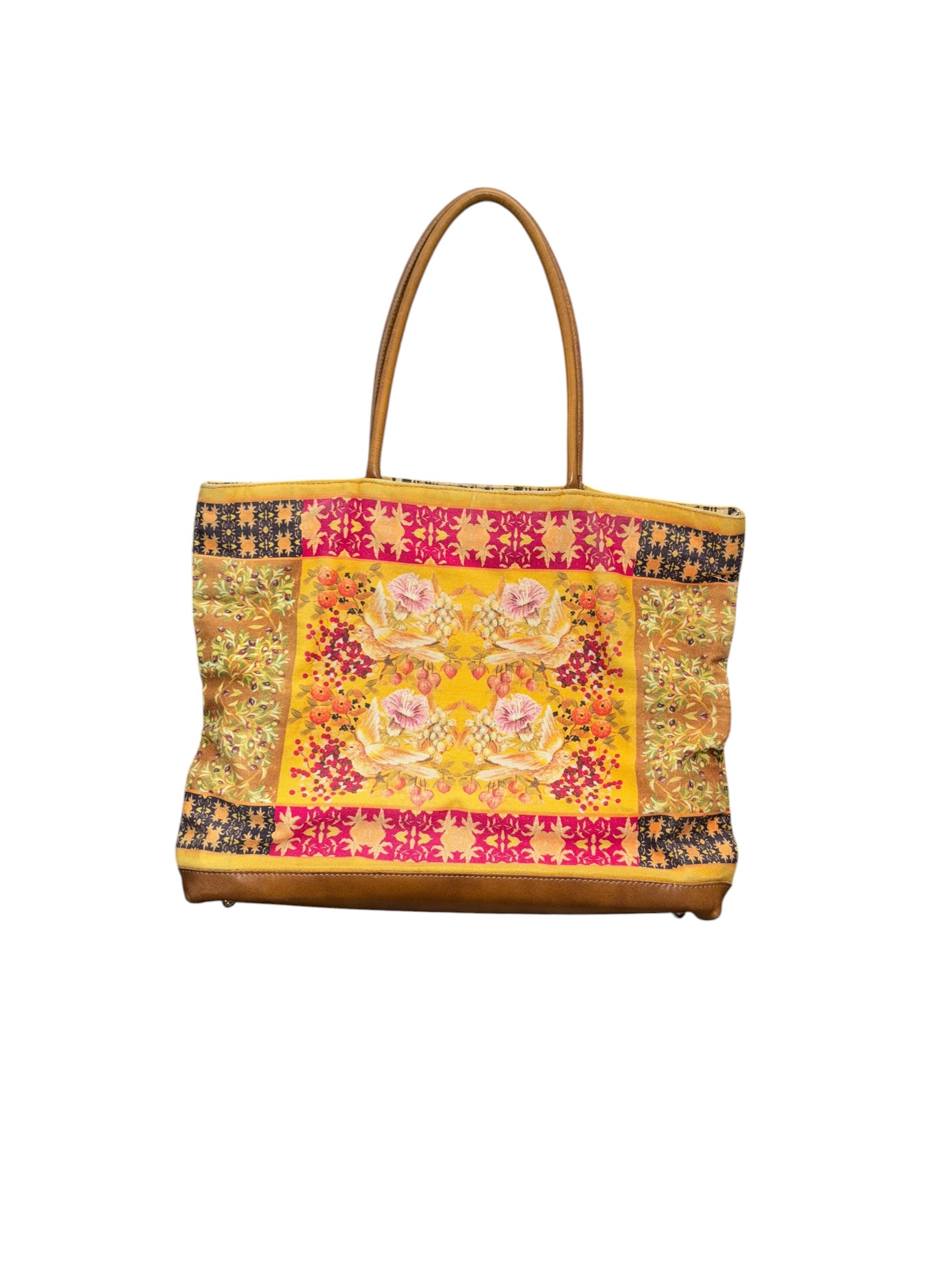 yellow brown moo roo floral tote