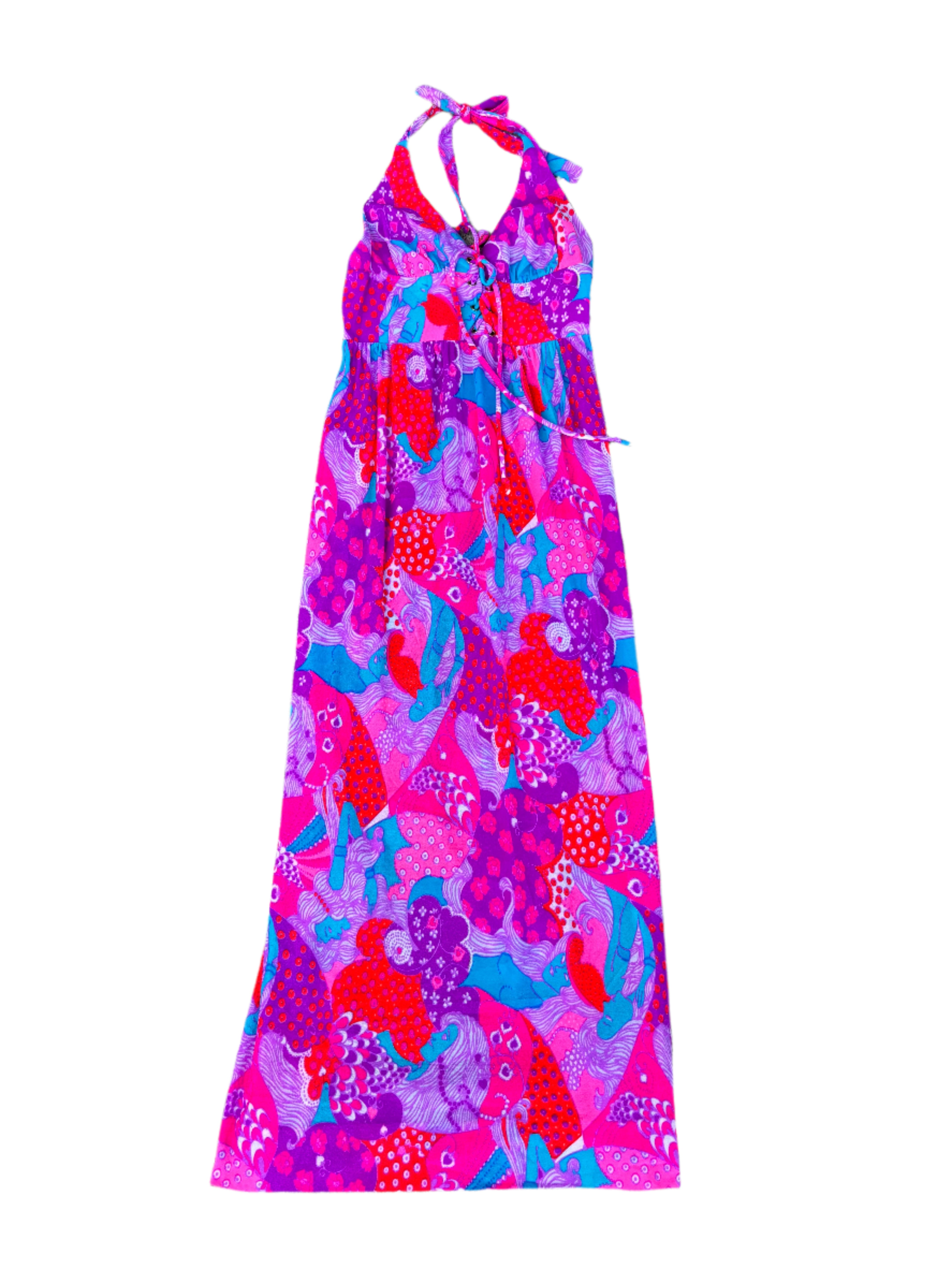 pink purple blue high tide 70s woman psychedelic pattern dress, s