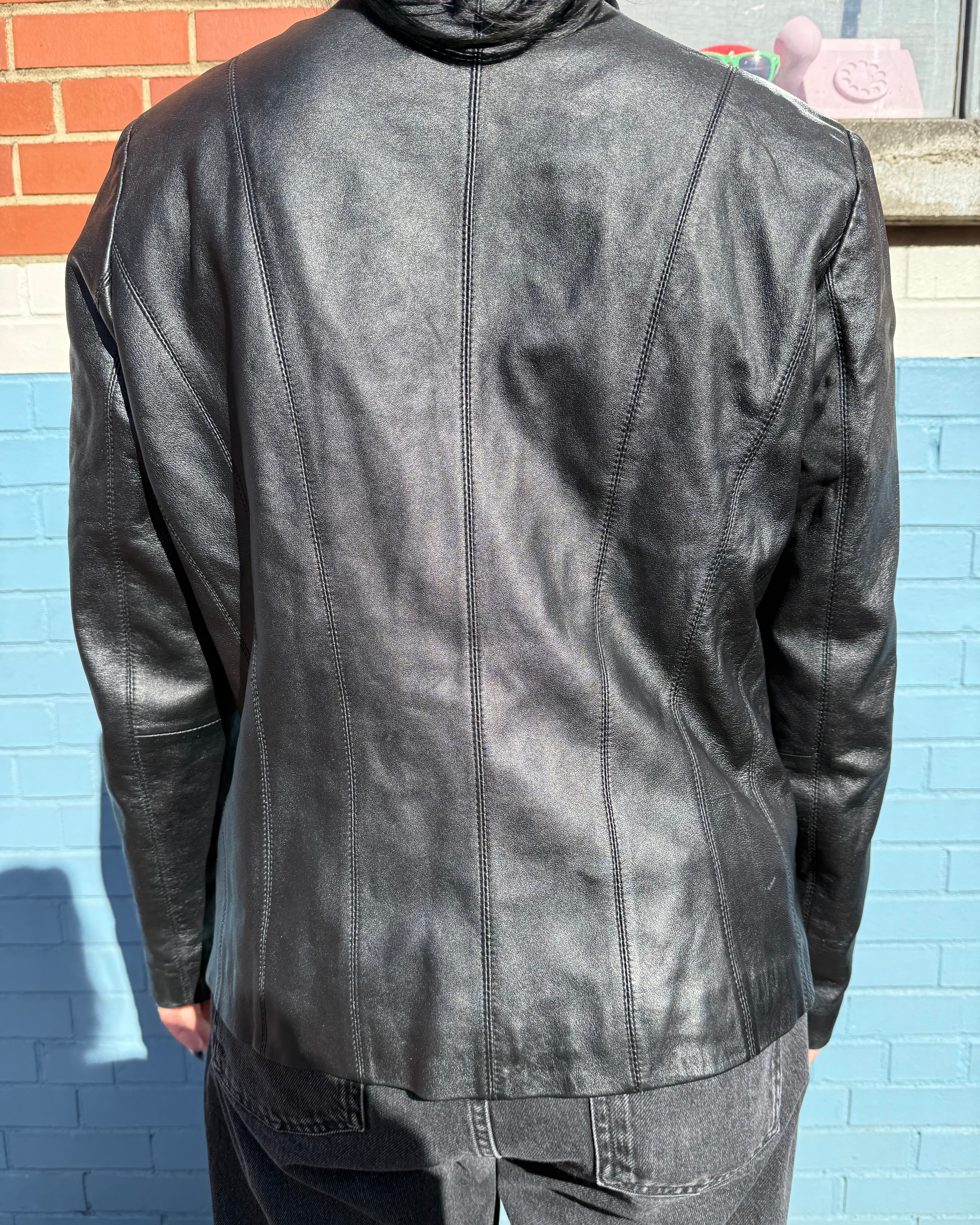 black nine west zip up leather jacket, L