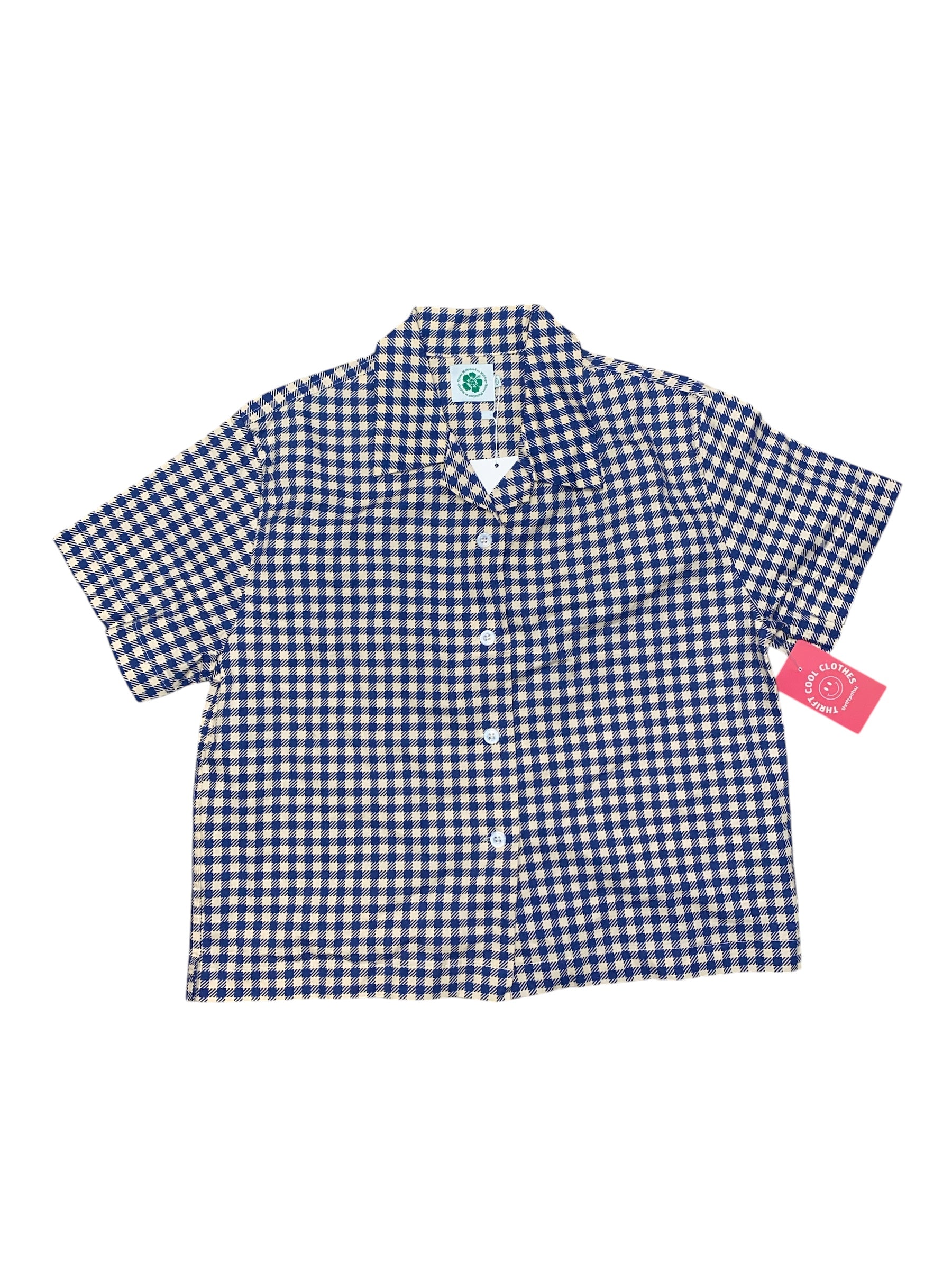 blue white holiday gingham ss button up, s