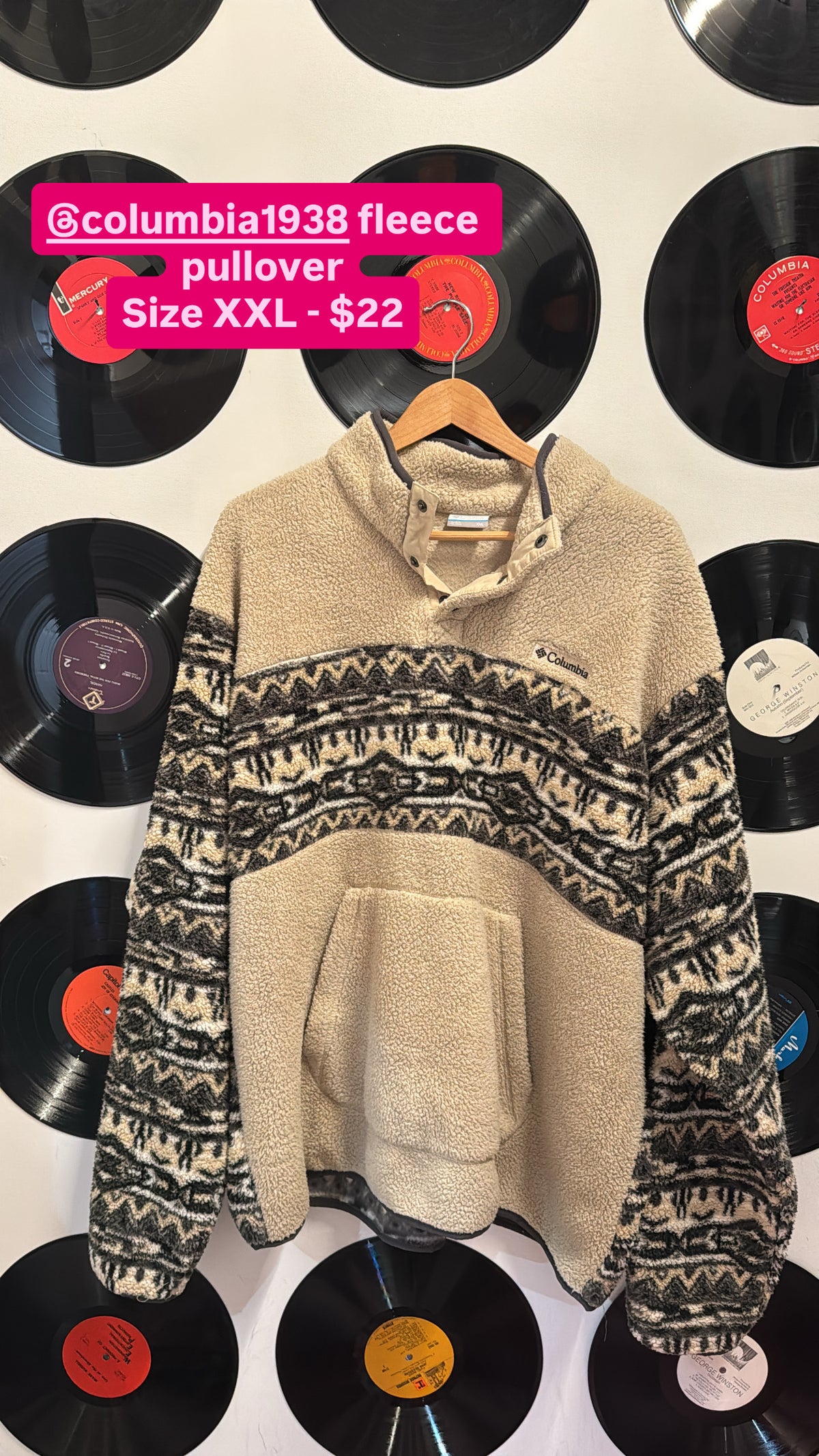 tan gray columbia fleece patterned pullover, xxl