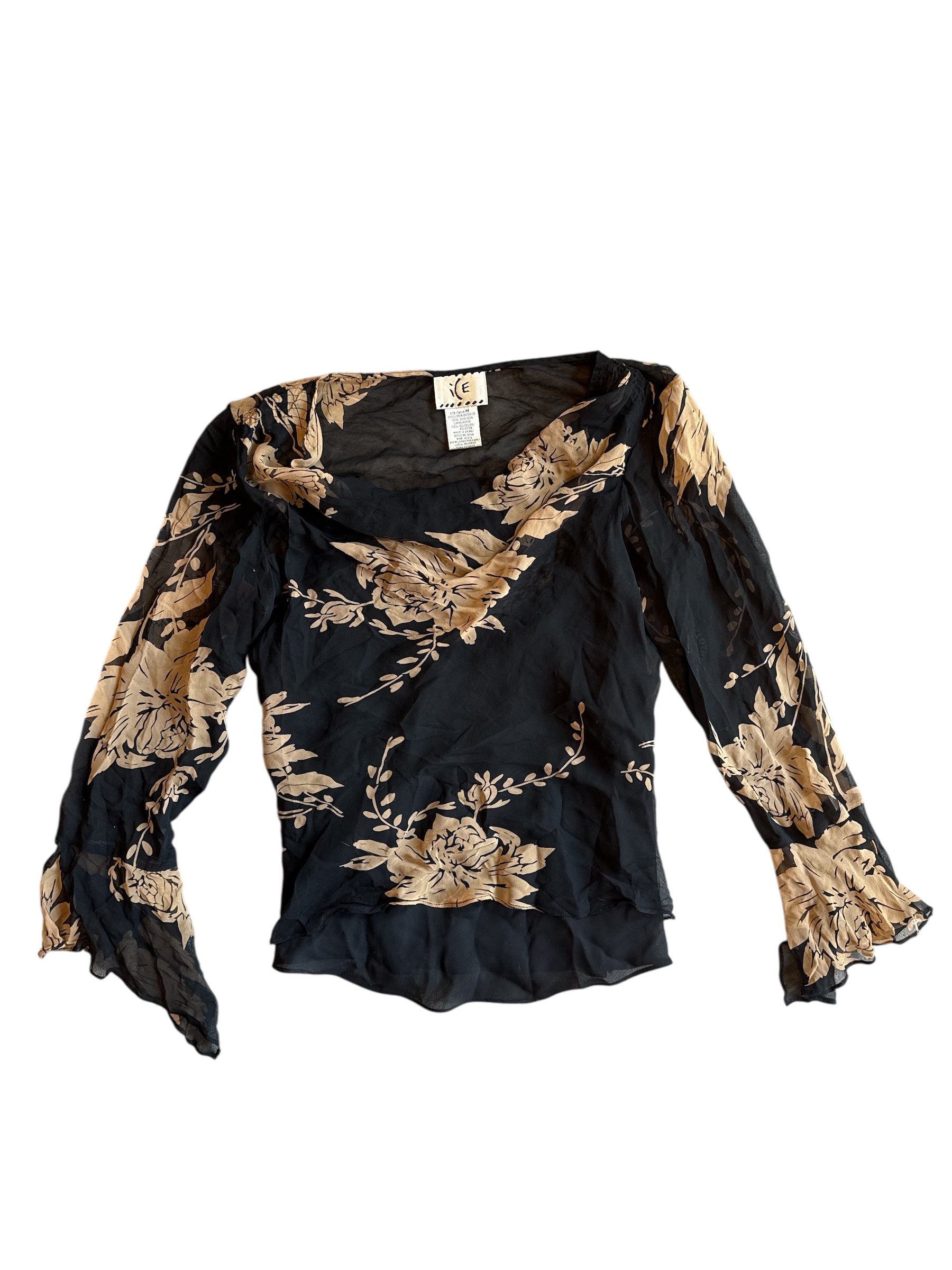 Black tan Ice Sheer floral ls top, M